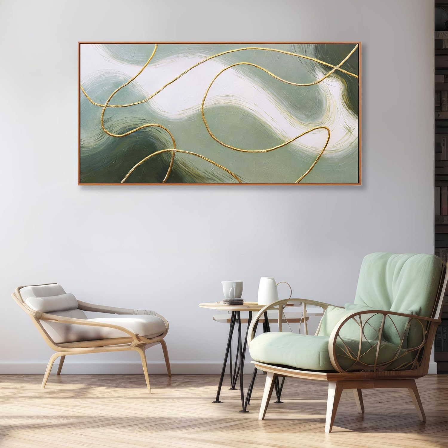 Abstract Wall Art Minimalism Green White and Gold Lines Boho Canvas Wall Decor Framed Artwork Modern Home Wall Decor for Living Room Bedroom Office 20"x40"