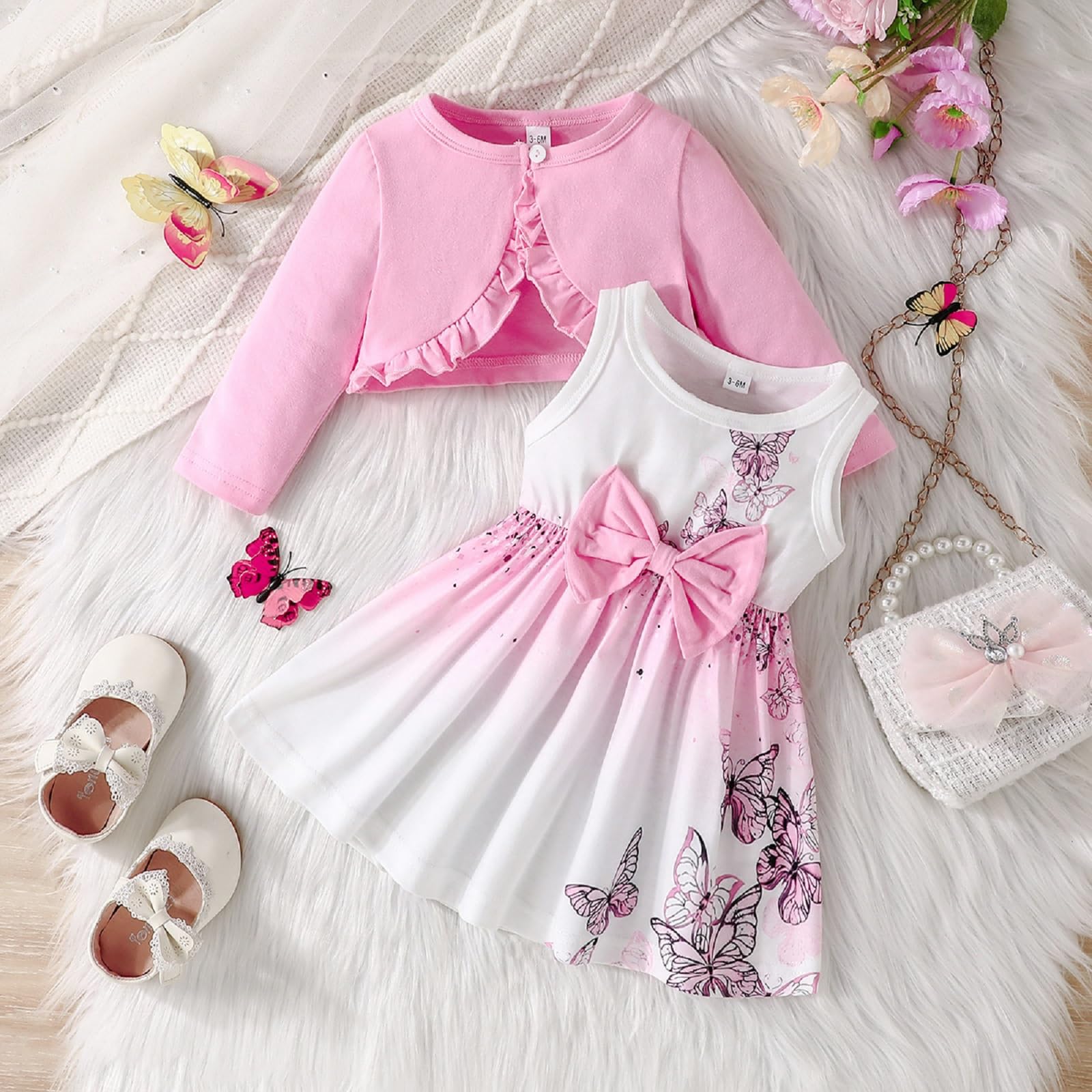 Kunyeah Neonate Vestito e Cardigan Set Infante Shrugle Cappotto Farfalla Stampa Gonna Bambino Manica Lunga Vestito