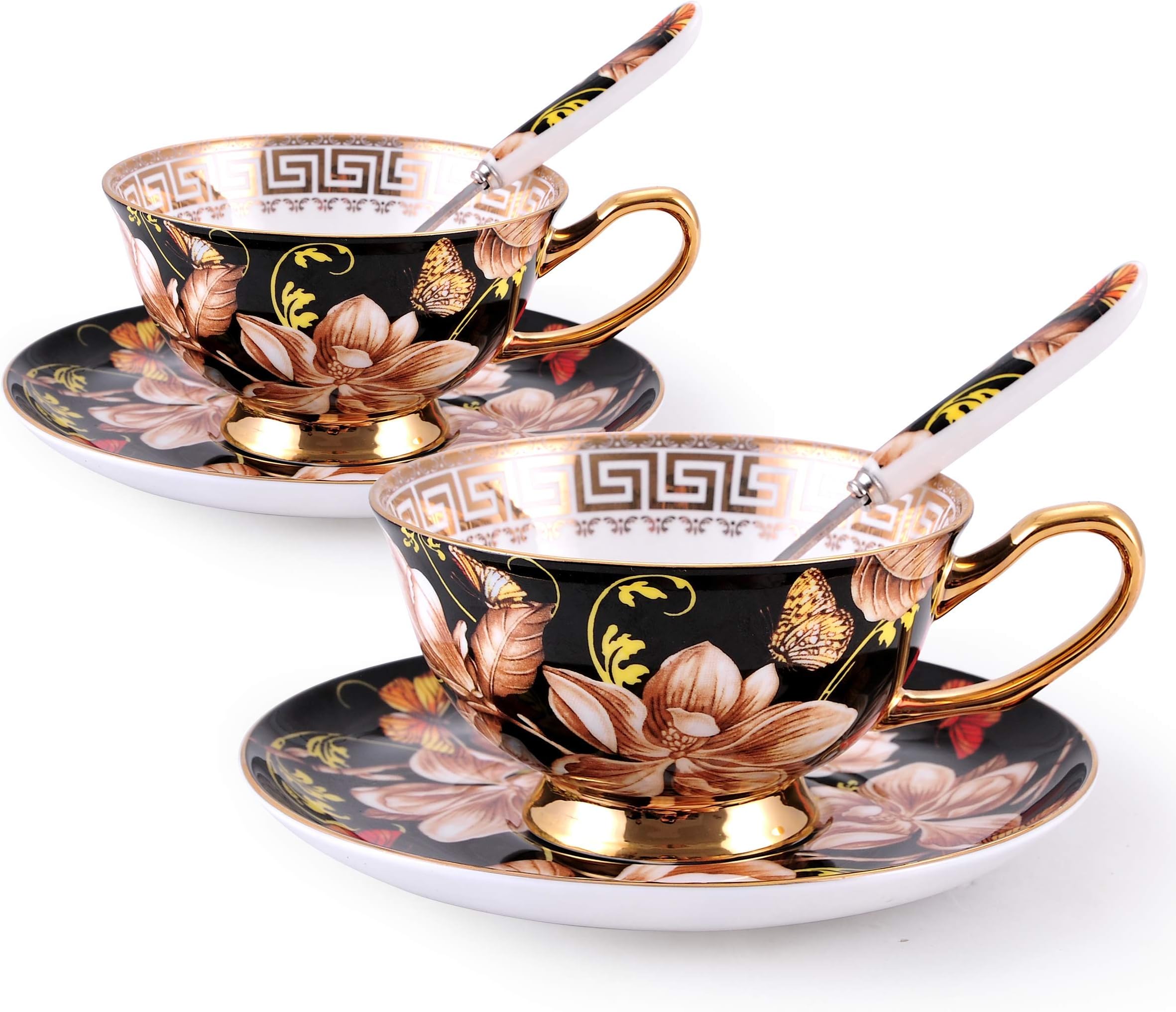 Kissweetime Bone China Tea Cups and Saucers Coffee Cups Porcelain Tea Cup Set - Espresso Mug Cappuccino Cups, Set of 2(7 oz) With Spoon and Gift Box