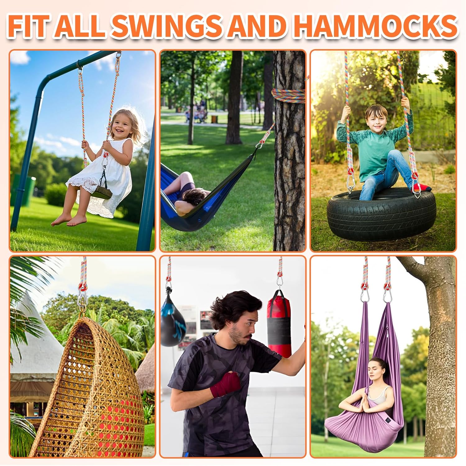 Tree Swing Ropes (Set of 2), 3FT/5FT/10FT/15FT/20FT, Tree Swing Straps Hanging Kit Holds 4400 lbs, Heavy Duty Carabiners for All Swing Hammock Playground Set Accessories (5 FT) 6