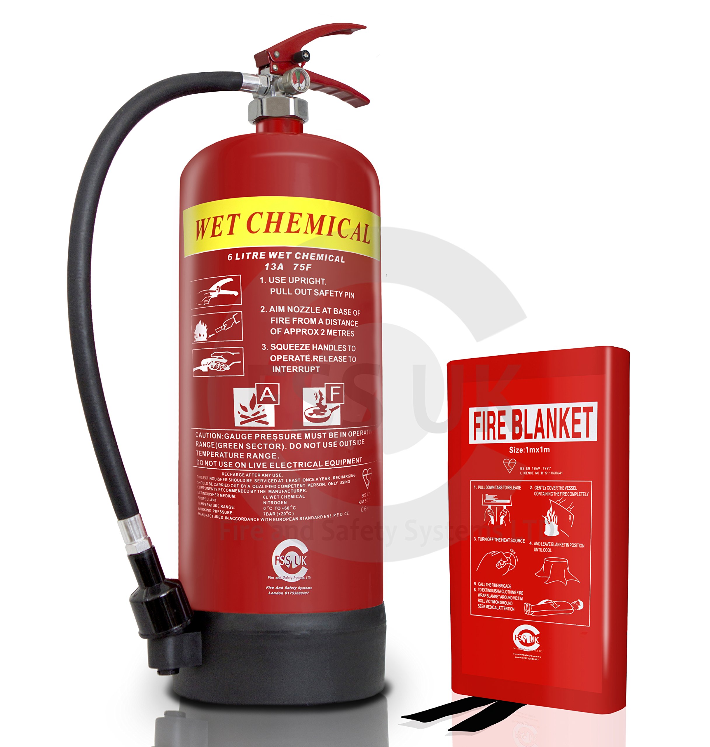Fss Uk (Commisioned/Serviced With Maintenence Certificate) Premium 6 Litre Wet Chemical Fire Extinguisher(Bsi Kitemarked) + 1M X 1M Fire Blanket. Restaurants Pubs Cooking. 6 L Ltr Wet Chem