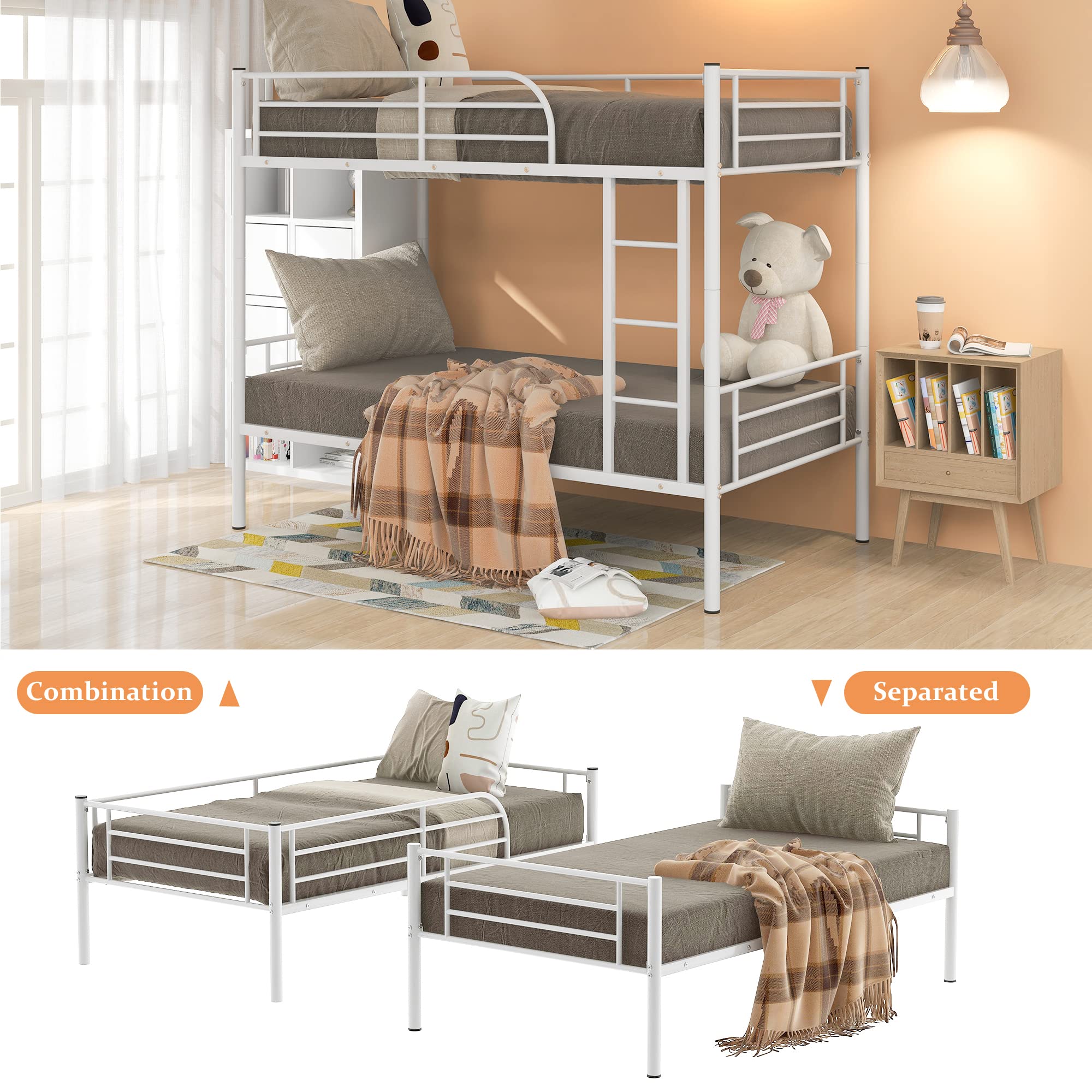 The Bunk Bed Metal Bed Frame, with Sturdy Slats, Ladder and Safety Guardrail, can be Split Into
