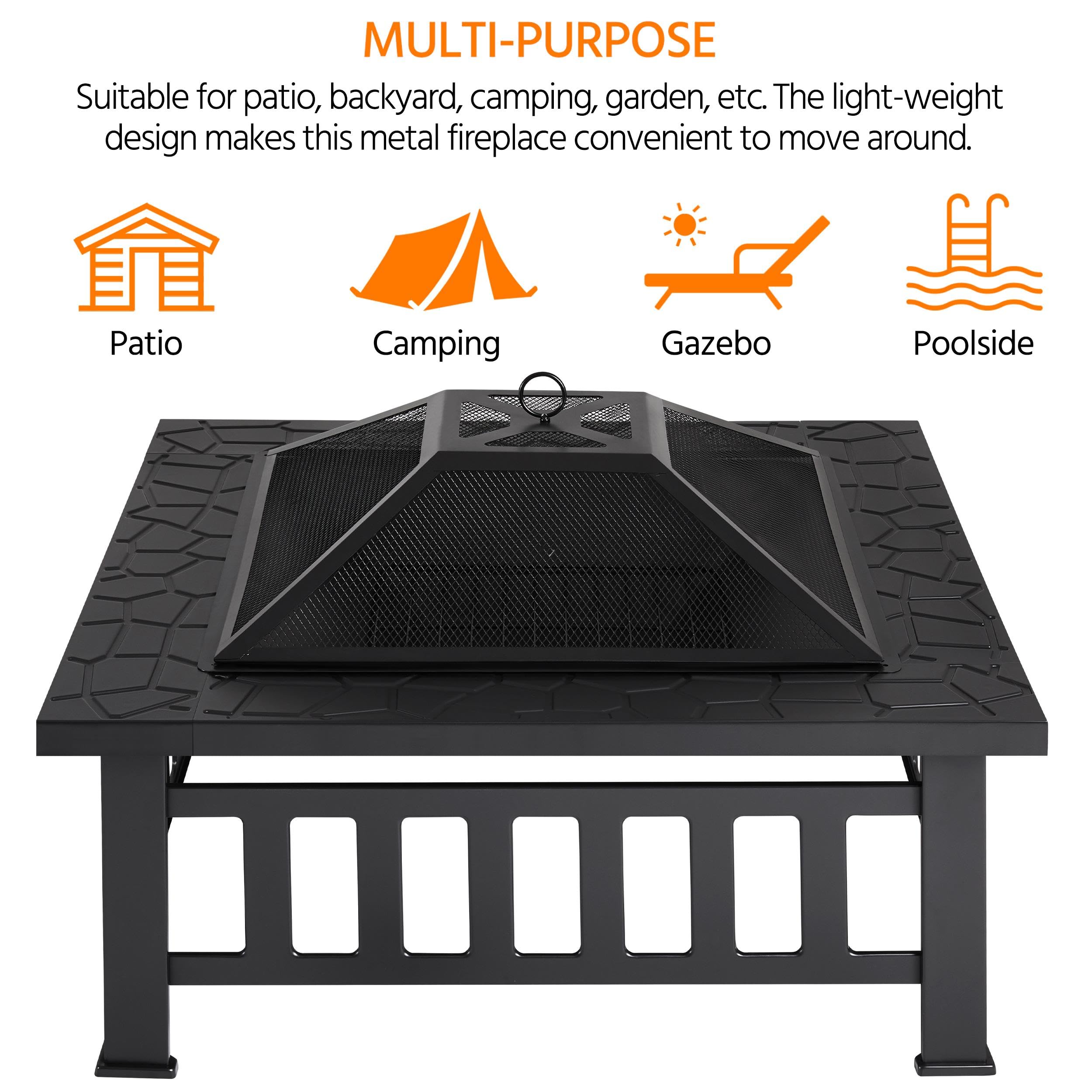 Yaheetech Palenisko z ochroną przed iskrami, 86 x 86 x 54 cm, 3 w 1, wielofunkcyjny kosz paleniskowy z pokrywką i pogrzebaczem Fire Pit palenisko outdoorowe do ogrodu/tarasu/na kemping/imprezę, kolor