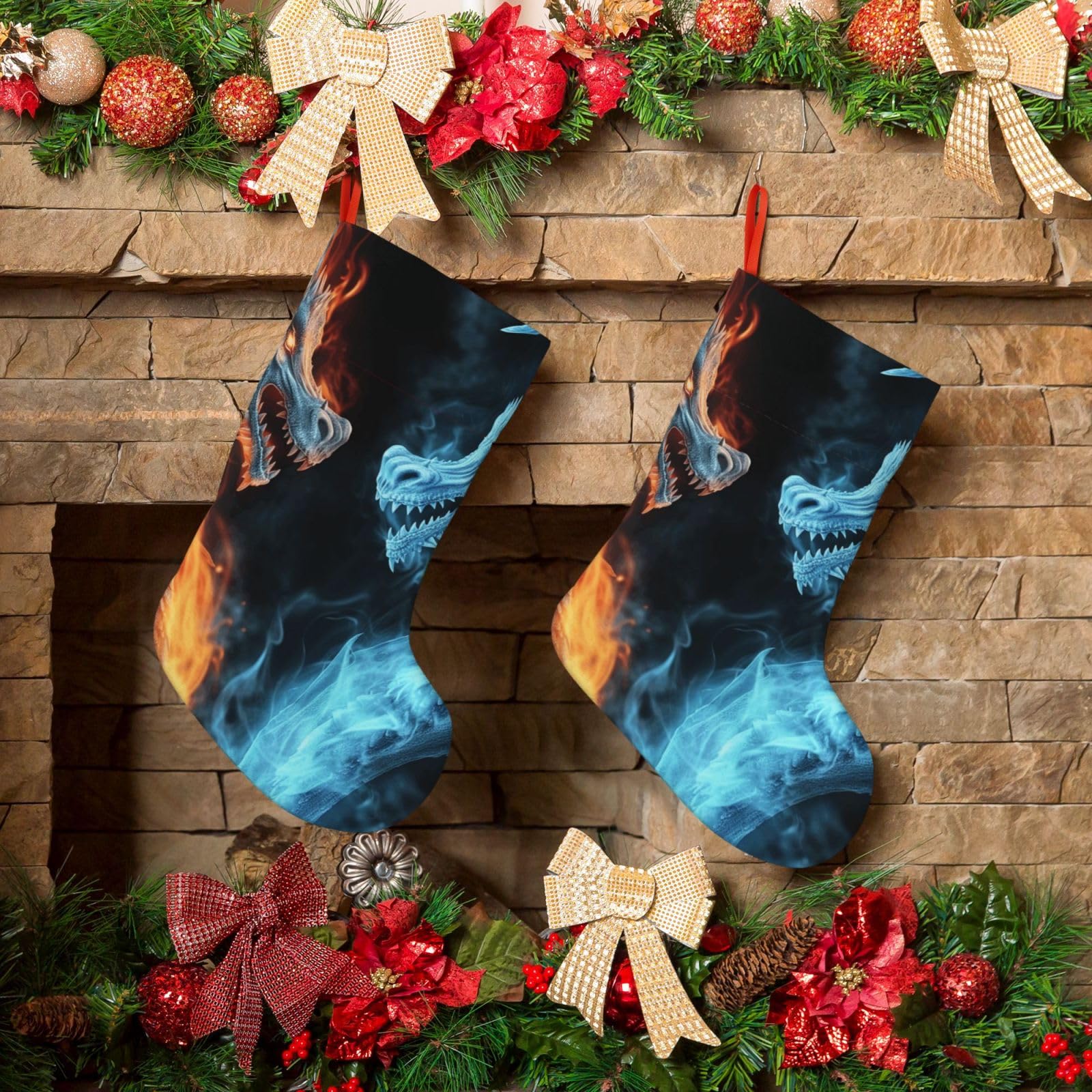 KLOPH Christmas Stockings 18" Personalized Xmas Stocking Ice and Fire Dragons Decoration Stocking Hanging Fireplace Stocking for Holiday Xmas Tree Christmas Fireplace Decor