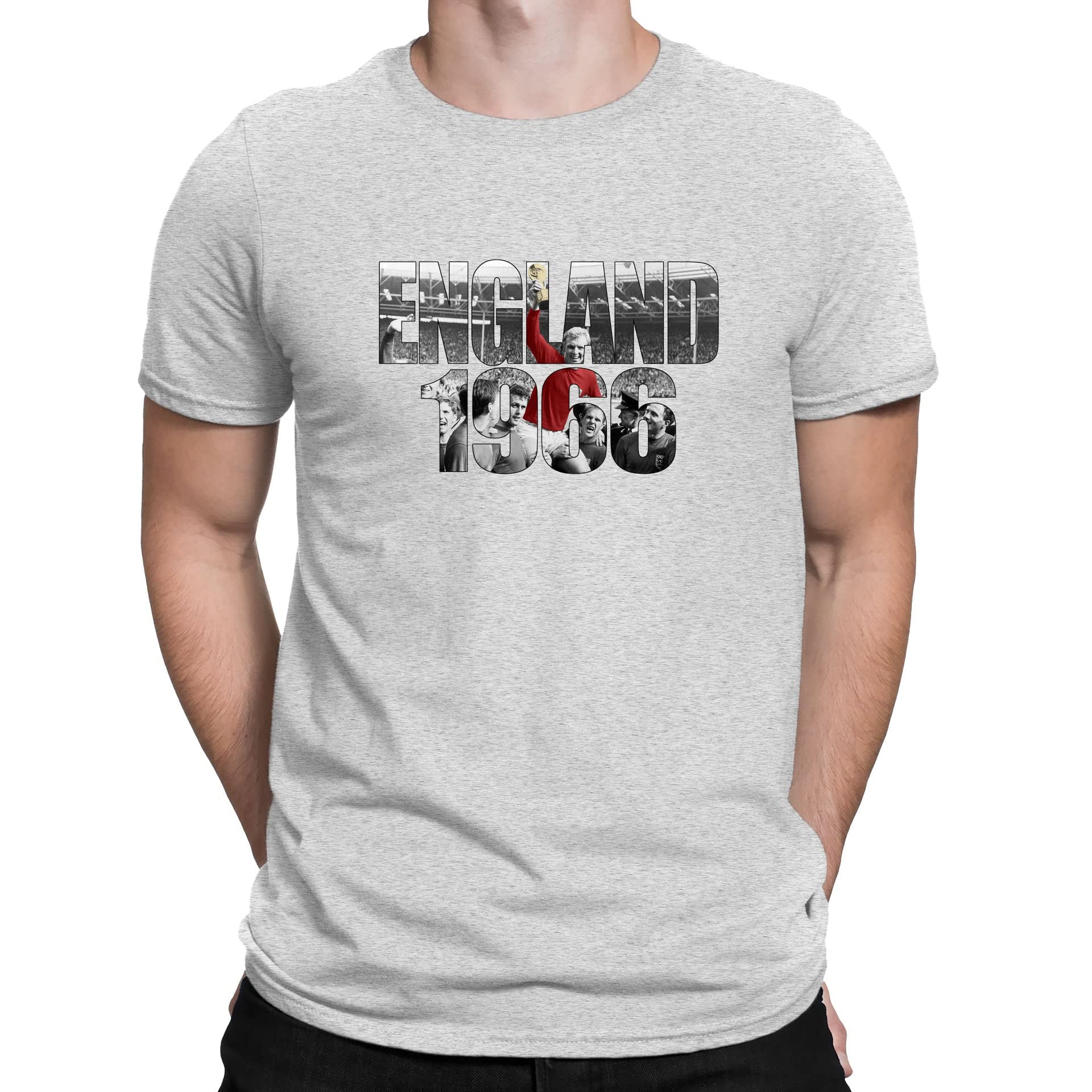 Flip Men's Heather Grey England 1966 World Cup Bobby Moore Photo Football T-Shirt (Xxl)