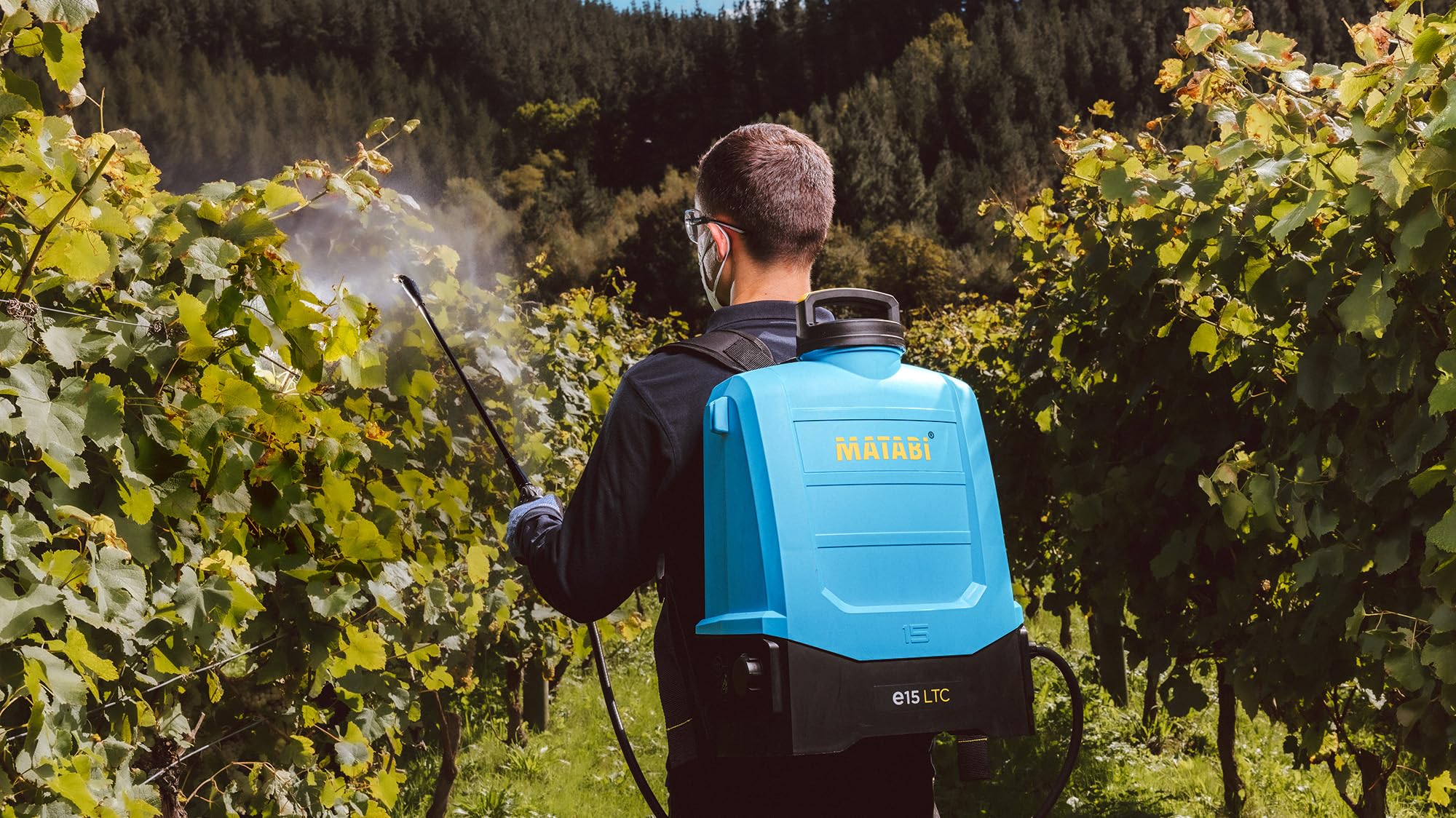 Matabi e15 LTC – Elektryczny opryskiwacz – bateria wyjmowana Li‑Ion 20V – autonomia 375 l – kontrola LTC – pasy ergonomiczne – 4 dysze – rolnictwo i ogrodnictwo