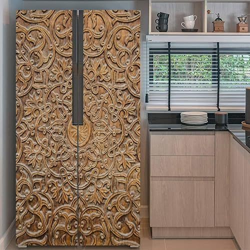 Miniatura 2 de Juego de envoltorio de vinilo autoadhesivo para refrigerador, adorno tallado en madera para puerta, mural extraíble para nevera, adhesivo para