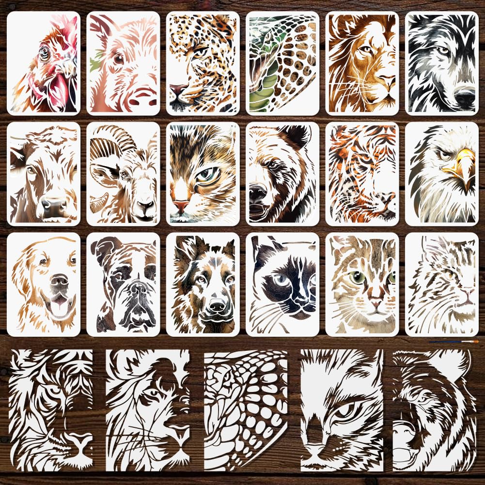 MAYJOYDIY 18 plantillas de animales salvajes con temática de tigre, león y lobo, plantilla de dibujo reutilizable de pollo cerdo leopardo con pincel para muebles de pared, papel, lienzo, decoración de