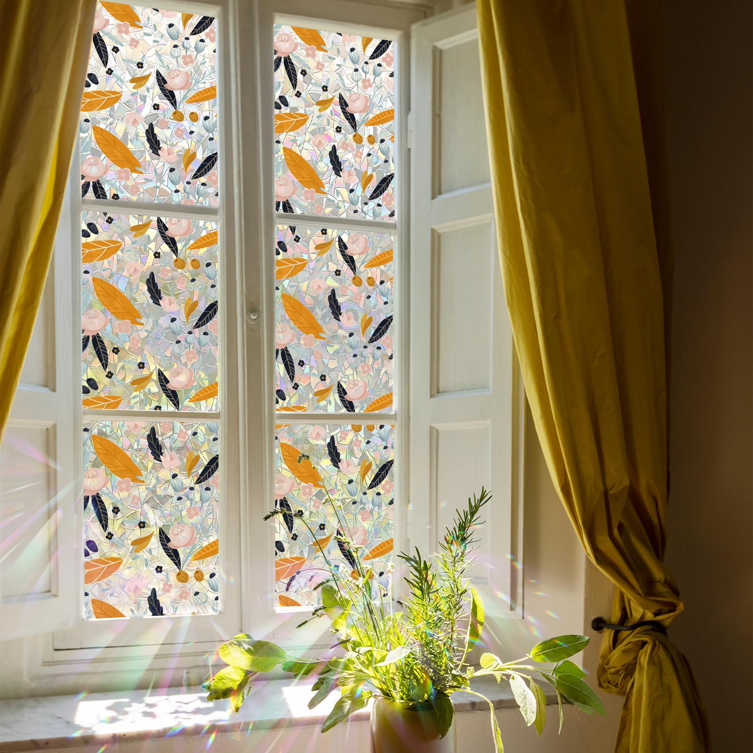 Alwayspon 43x300cm Non-Adhesive Stained Glass UV Rainbow Window Film, Green Floral Orange Leaf Vinyl Static Cling Window Stickers, Removable Privacy Film for Glass Windows Door Decoration