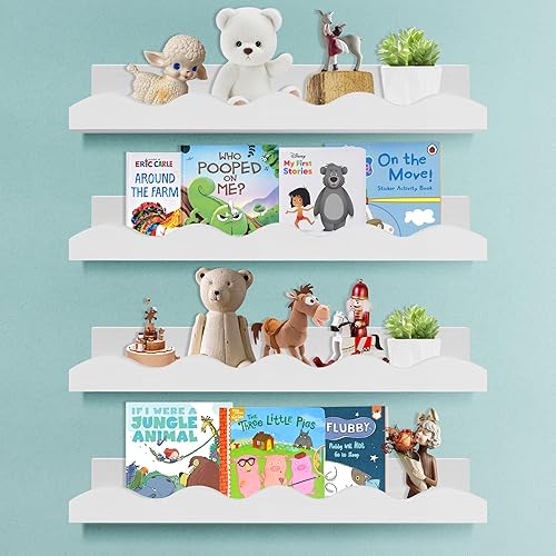 Juego de 4 estantes flotantes de madera blanca para libros de guardería, estantes de pared para dormitorio de niños y baño