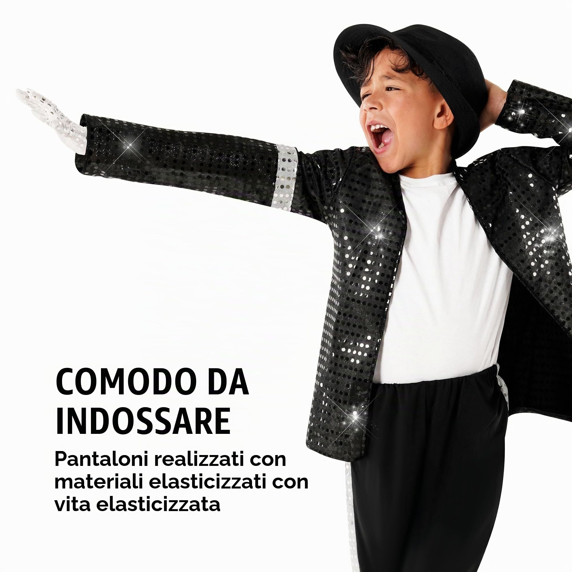 Morph Costume Star del Pop Bambino, Costume Halloween Bambino | Giacca di Paillettes, Pantaloni, Cappello Fedora & Guanto Argentato, Perfetto per Halloween, Ideale per il Gioco di Ruolo