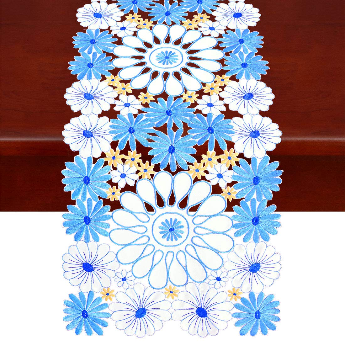 Simhomsen Embroidered Floral Table Runners, Spring Table Decorations, Dresser Scarves (Blue, 14 × 52 Inch)