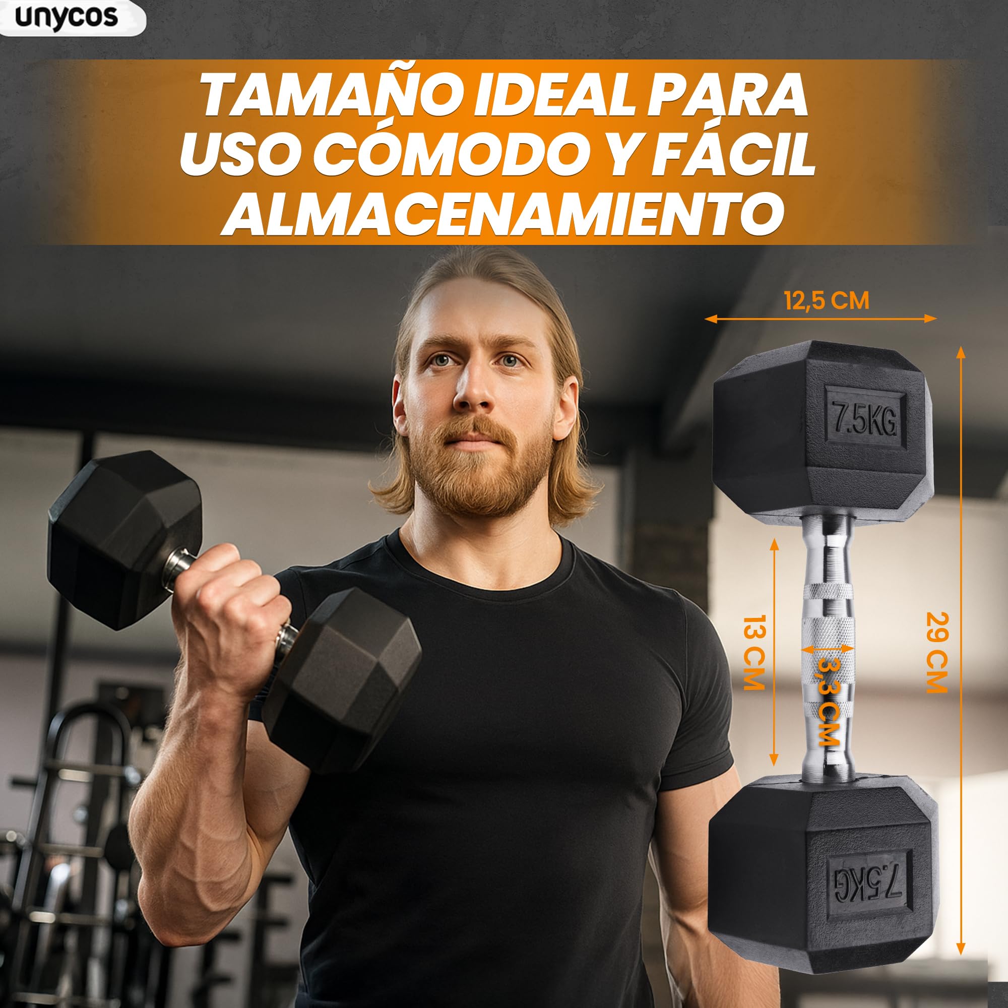 unycos - Mancuernas y Pesas Antideslizantes con Revestimiento de Caucho y Empuñadura Cromada, Disponibles de 5 a 20 kg con Diseño Anti-Rodadura, Entrenamiento de Fuerza/Fitness