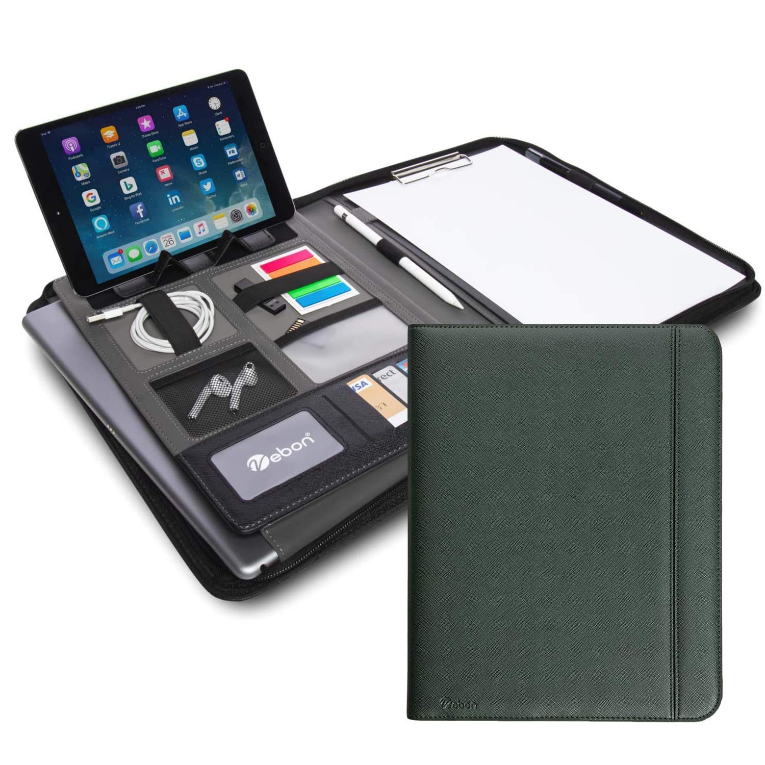 Vebon London Teczka konferencyjna formatu A4, z wegańskiej skóry, z zamkiem błyskawicznym, jako teczka na dokumenty i torba na laptop 2 w 1, z uchwytem na smartfon i podkładką z klipsem, sosnowa zieleń,
