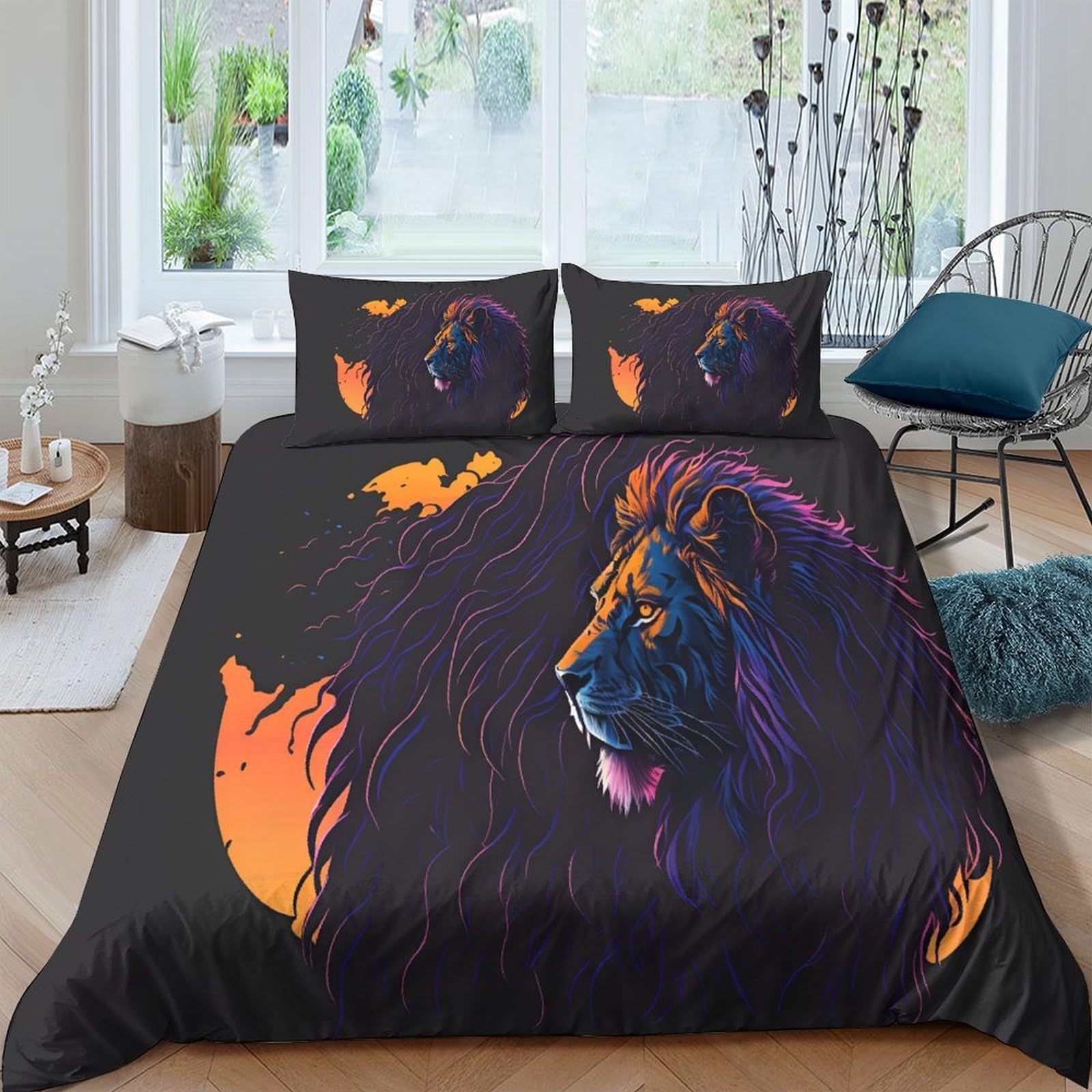 Housse de couette lion noir parure de lit king size 220x240 cm en microfibre avec 2 taies d'oreiller