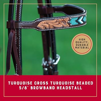 Weaver Equine Turquoise Diamond Beaded Horse Headstall, Leather Headstalls for Horses for Trail Riding, Durable Equine Supplies, Dark Oil