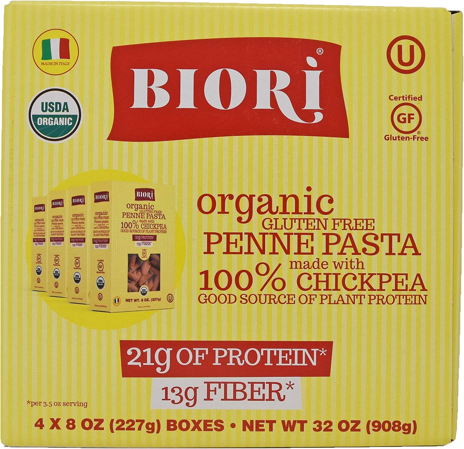 Biori Organic Gluten Free Penne Pasta High Protein 100% Chickpea Pack of 4 8 ounce boxes (32oz total)
