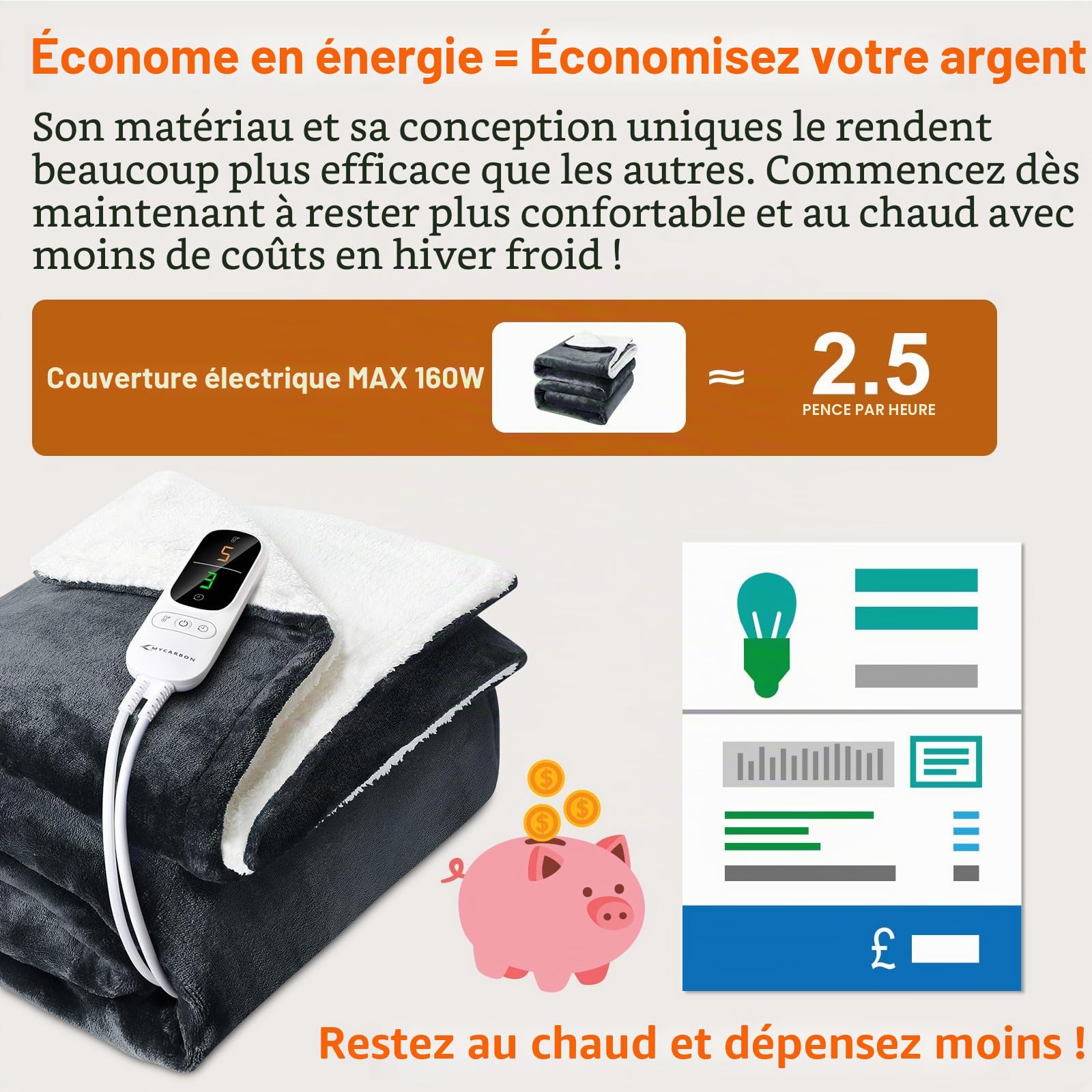 MYCARBON Couverture Chauffante 180x160cm, 2 Places, Arrêt Automatique, Minuterie 9H, 9 Températures, Protection Contre la Surchauffe, Affichage LED, Lavable Machine, Plaid Chauffant pour Canapé, Lit