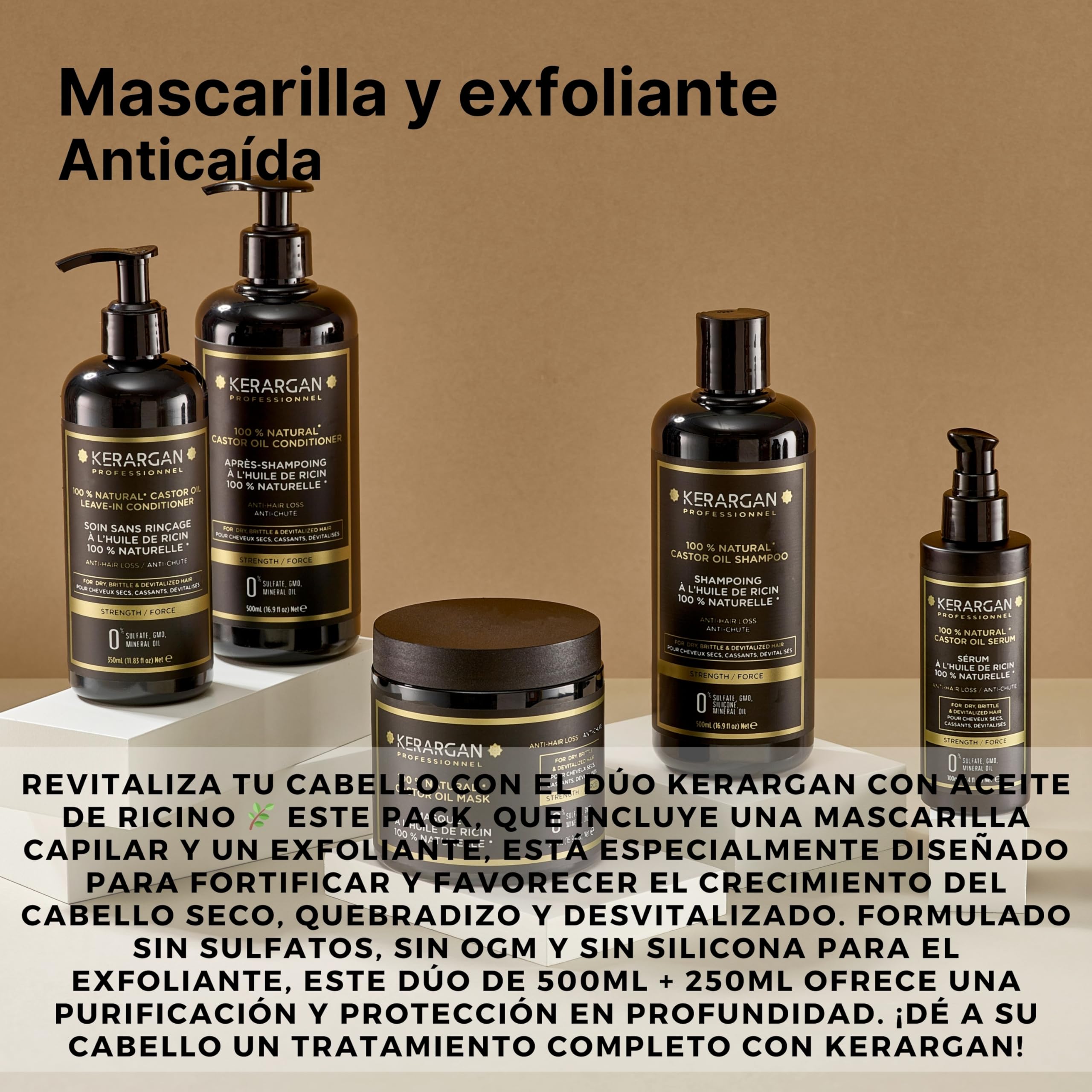 KERARGAN - Dúo con Ricino: Mascarilla y Exfoliante Capilar - 500ml+250ml