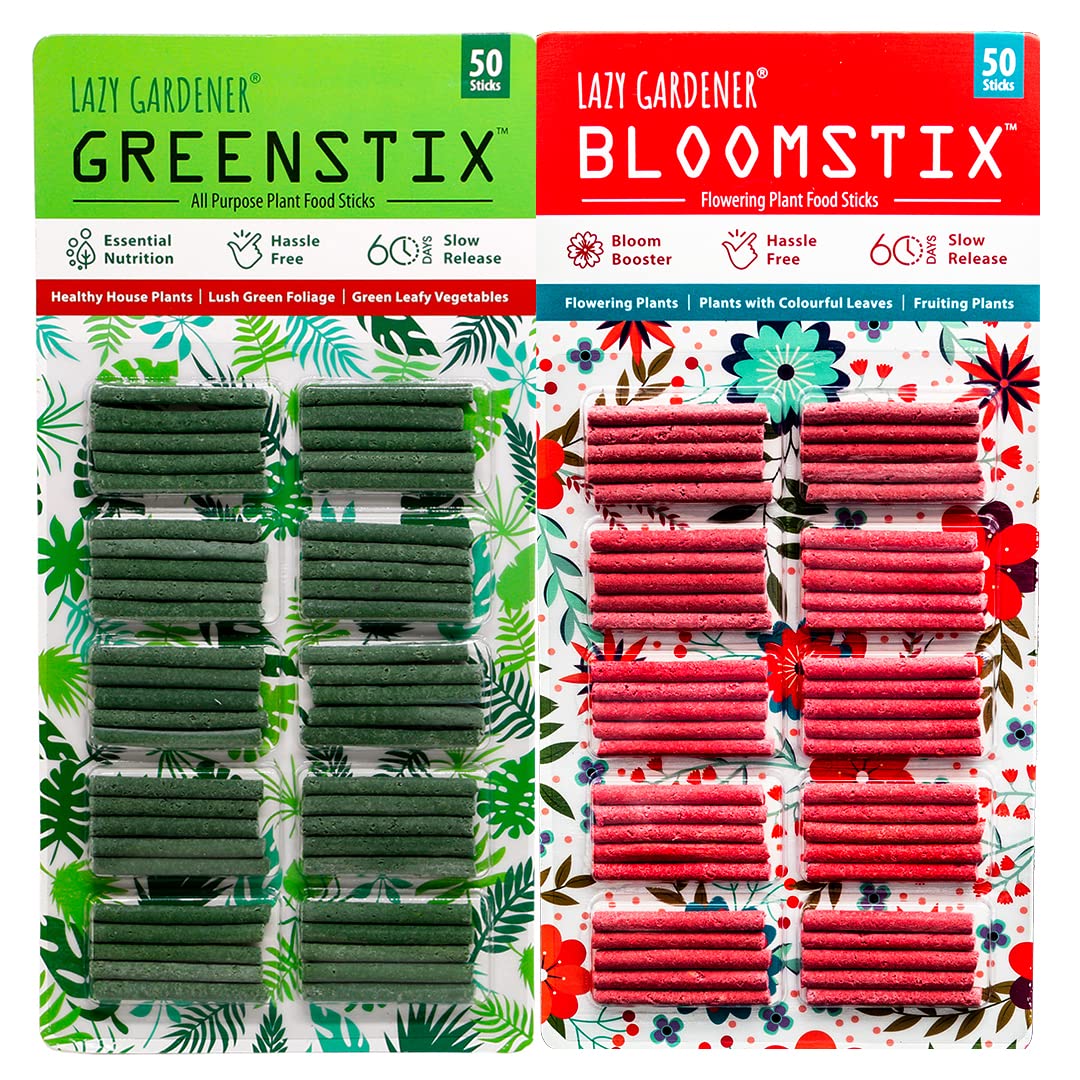 Lazy Gardener Organic Plant Food Sticks Combo Greenstix & Bloomstix | Garden Fertilizers For Home Gardening | Plant Food For Green & Flowering Pot Plants (100 Sticks: 50 Greenstix + 50 Bloomstix).