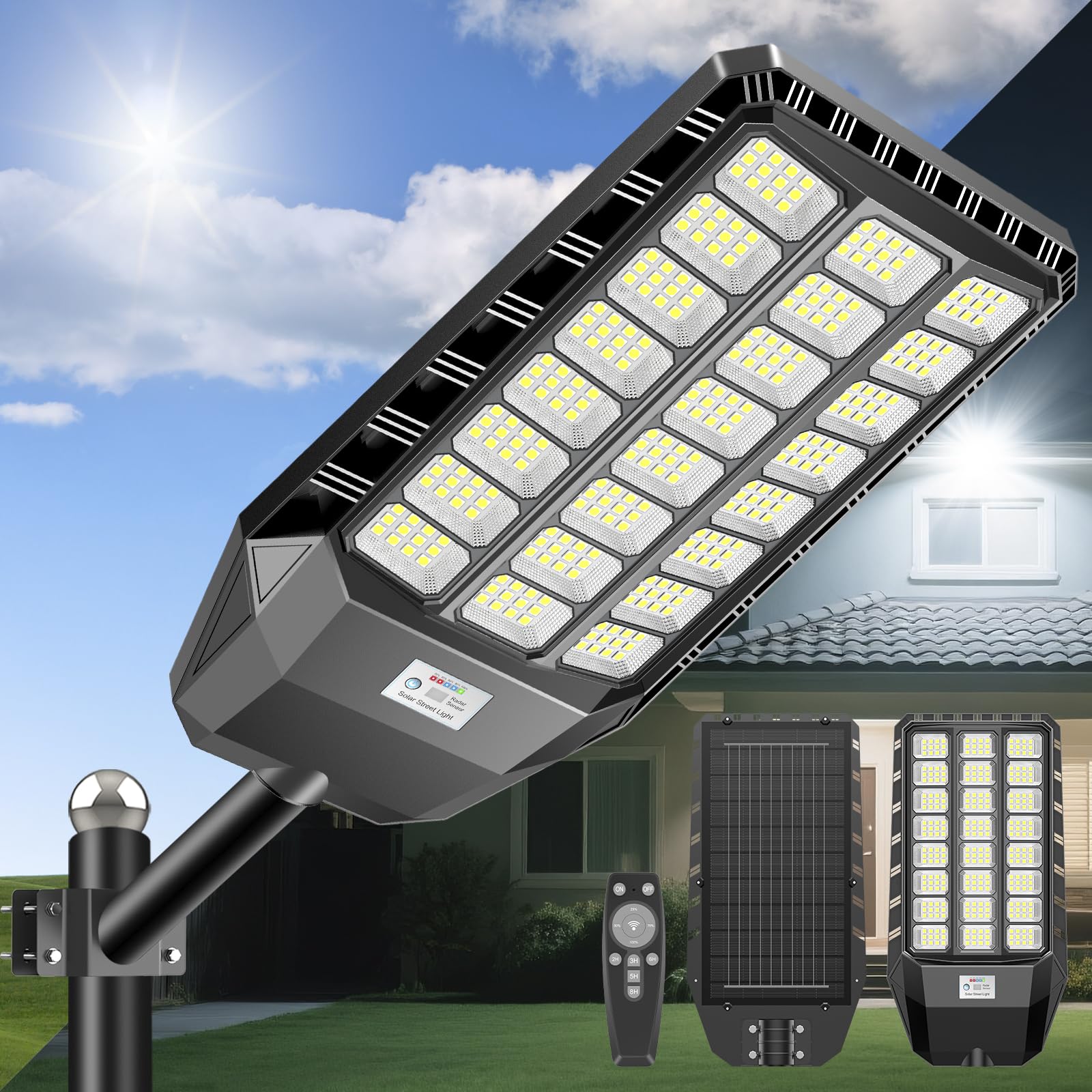 2100W Lampione Solare LED Esterno 288 PRO LED Luminosi Lampioni Solari a Led da Esterno Alta Efficienza 30%, 4 modalità Lampione Solare grandangolo 240° Impermeabilità IP66, per Garage Strada