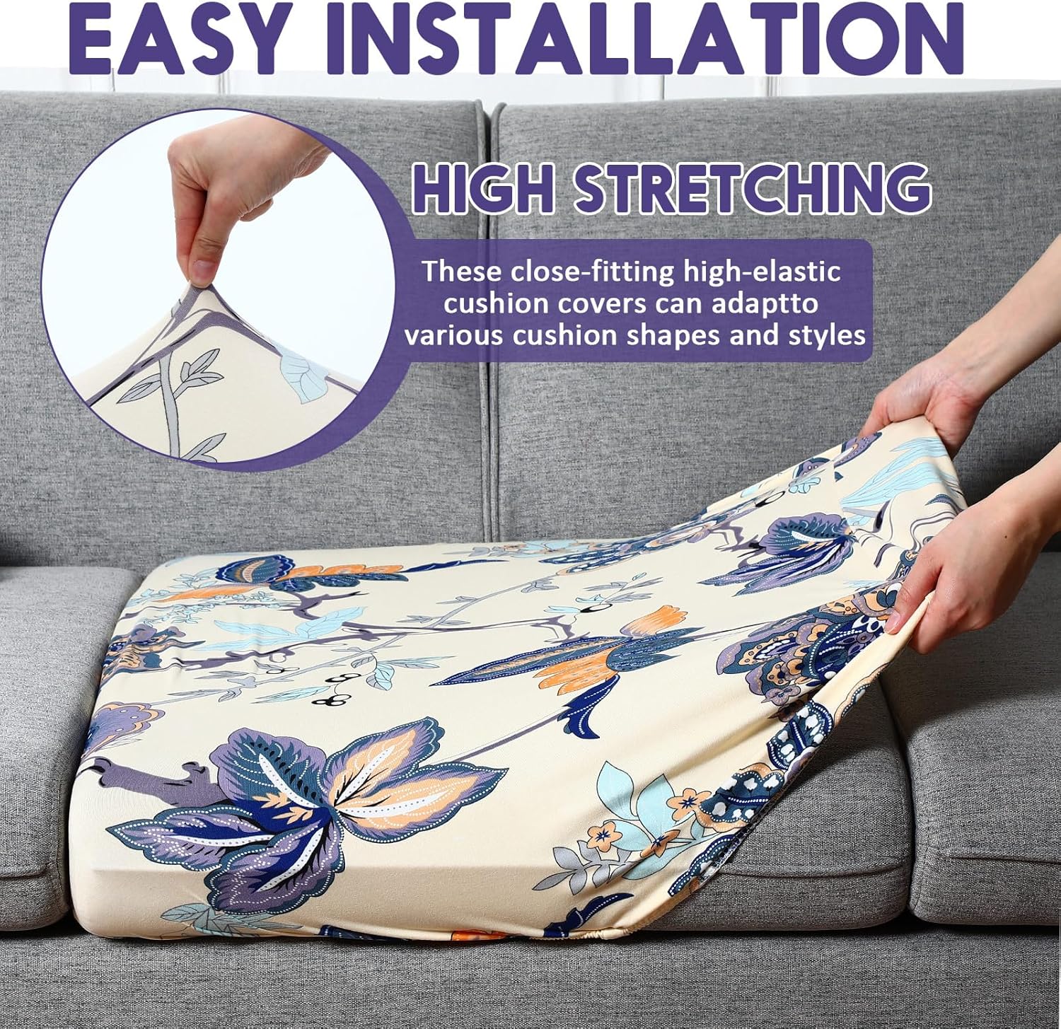 SmoothNovelty 4 Pcs Printed Couch Cushion Covers Stretch Furniture Sofa Washable Floral Replacement Seat Covers for Indoor and Outdoor (Poppy)