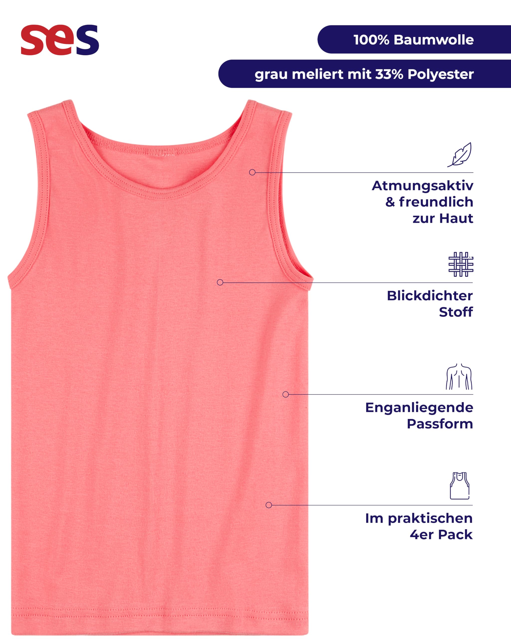 SES Lot de 4 maillots de corps pour fille, 100 % coton, en 4 couleurs, 92-182 cm, maillots de corps confortables pour fille, rose et gris, maillot de corps pour enfant/enfant fille