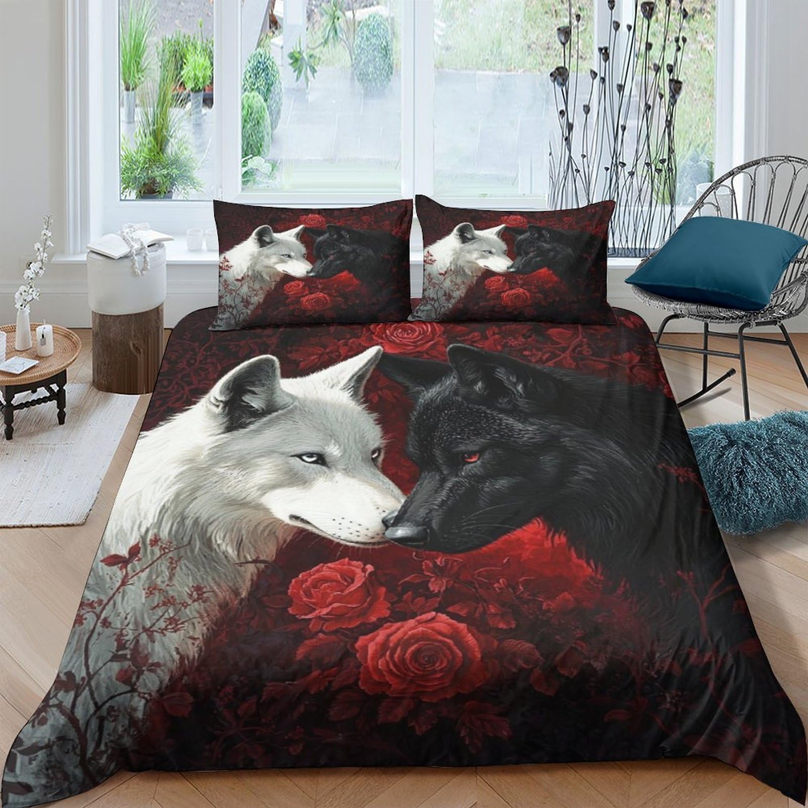 Ctjqhvkz Style-7 3D Printed Wolf Couple Fitted Sheet Microfiber Soft Breathable Black White Rose Mattress Cover For Bedroom Dorm Decor Single（135X200cm）