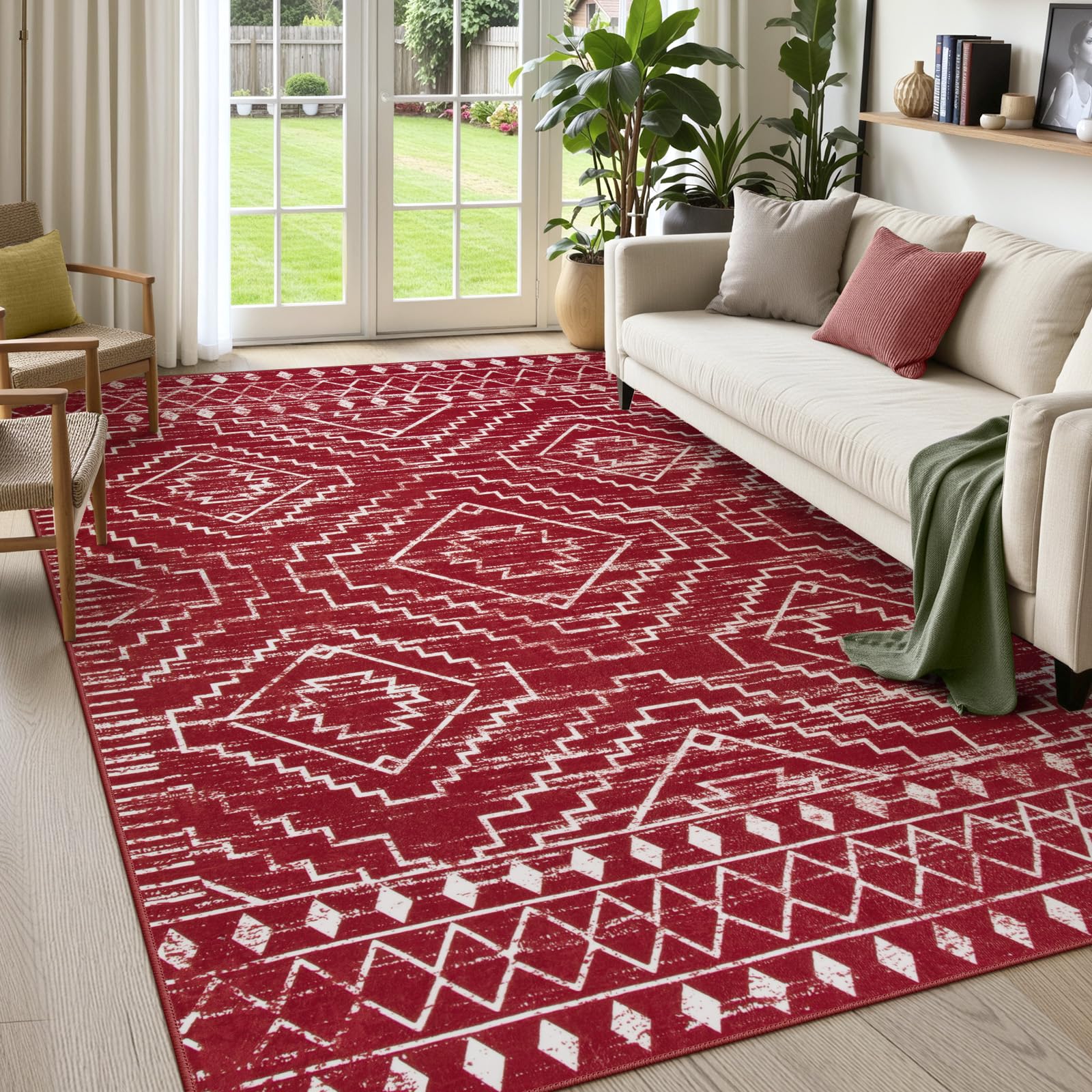 Wonnitar Moroccan Washable 5x7 Rug for Living Room, Soft Chrisrmas Rug for Bedroom, Non-Slip Stain Resistant Geometric Floor Carpet for Dining Table Kitchen Dorm (Red,5'x7')