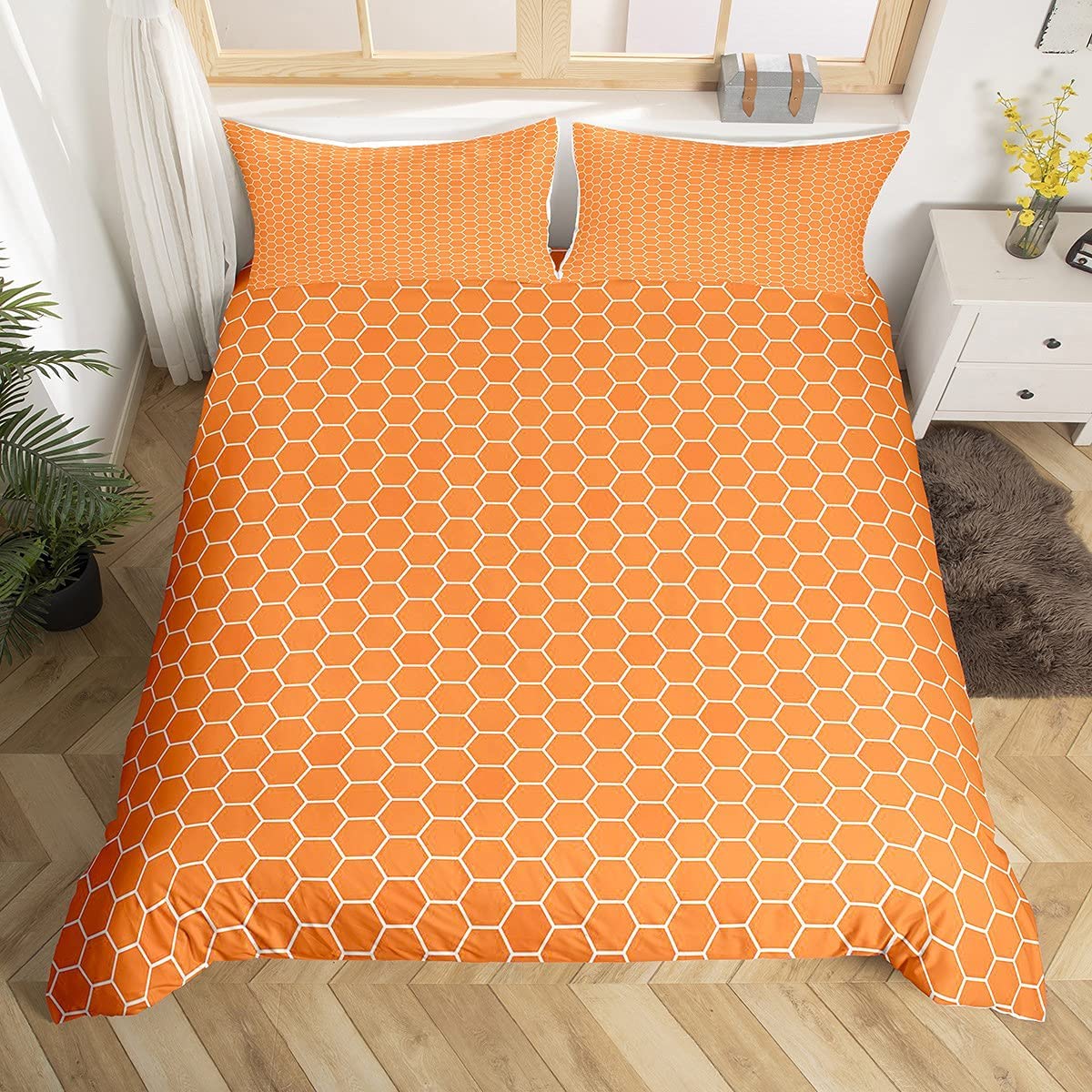 Parure de lit nid d'abeille orange citrouille et couvre-lit hexagone