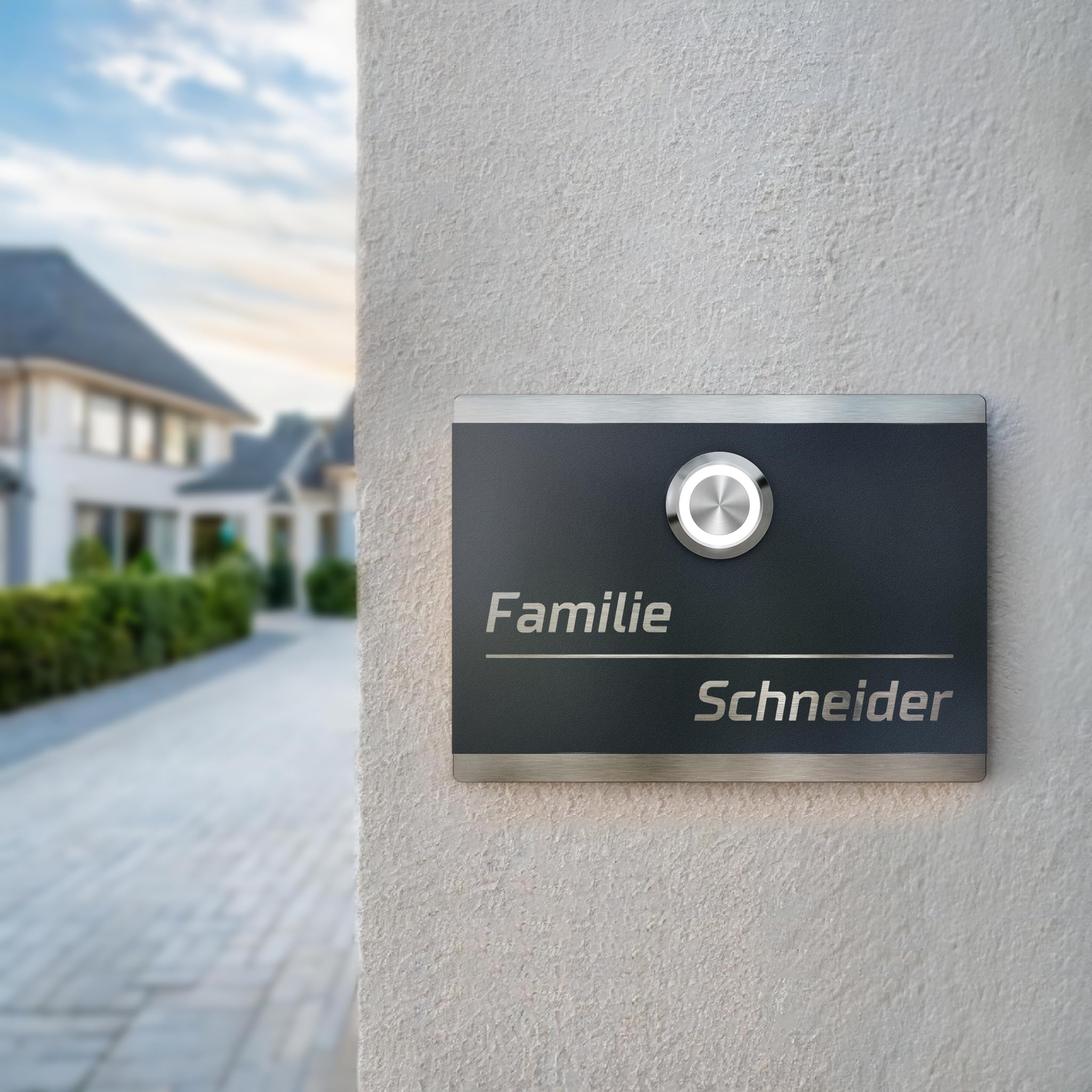 Metzler® sonnette extérieure inox avec bouton-poussoir LED et gravure personnalisée anthracite RAL 7016 – étanche IP67, robuste 3 mm, éclairage annulaire – 10 ans pièces détachées