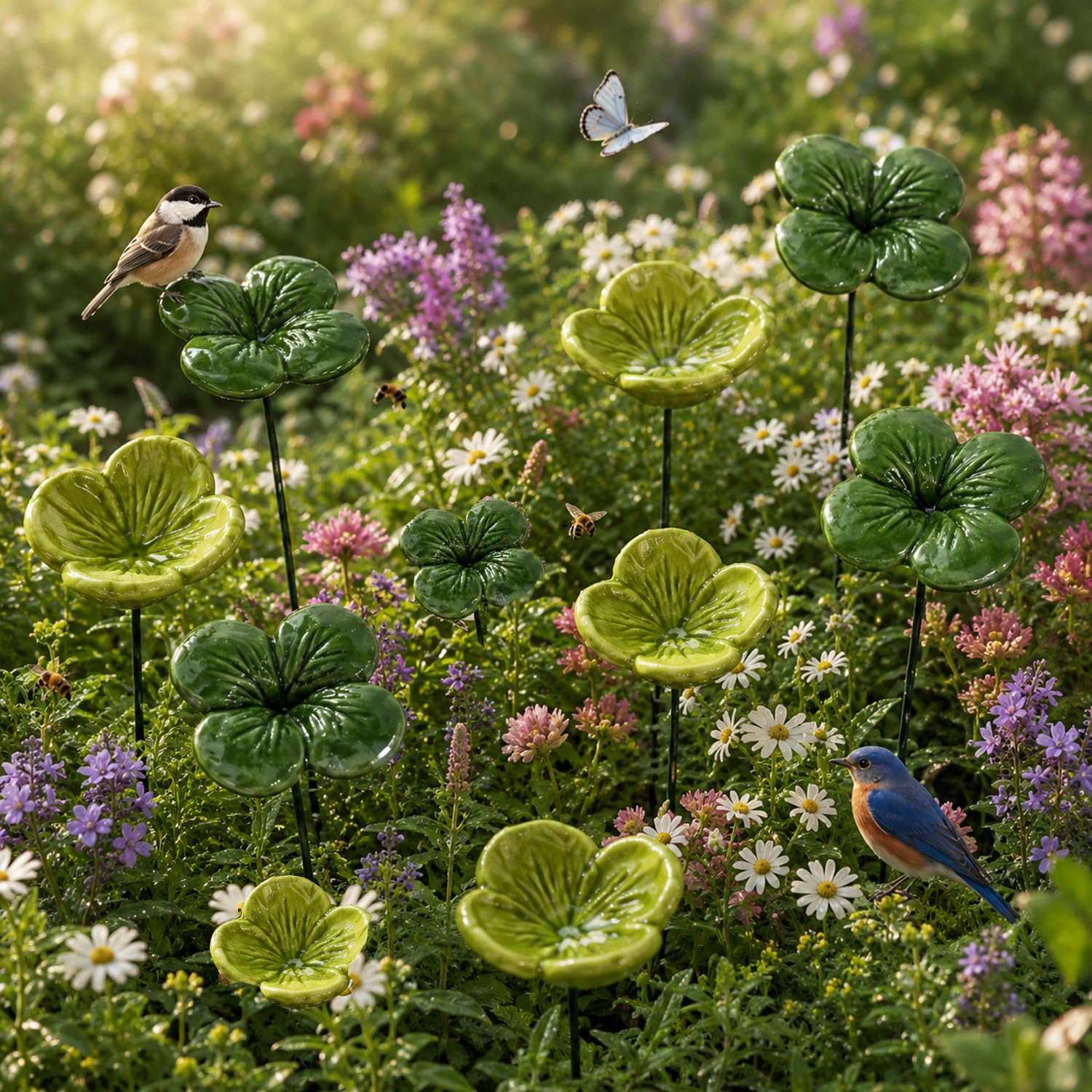 Ceramic Flower Pollinator Water Feeders, Outdoor Garden Stakes for Bees, Butterflies and Hummingbirds, Weather-Resistant Garden Decor for Pollinators (10 flowers combination)
