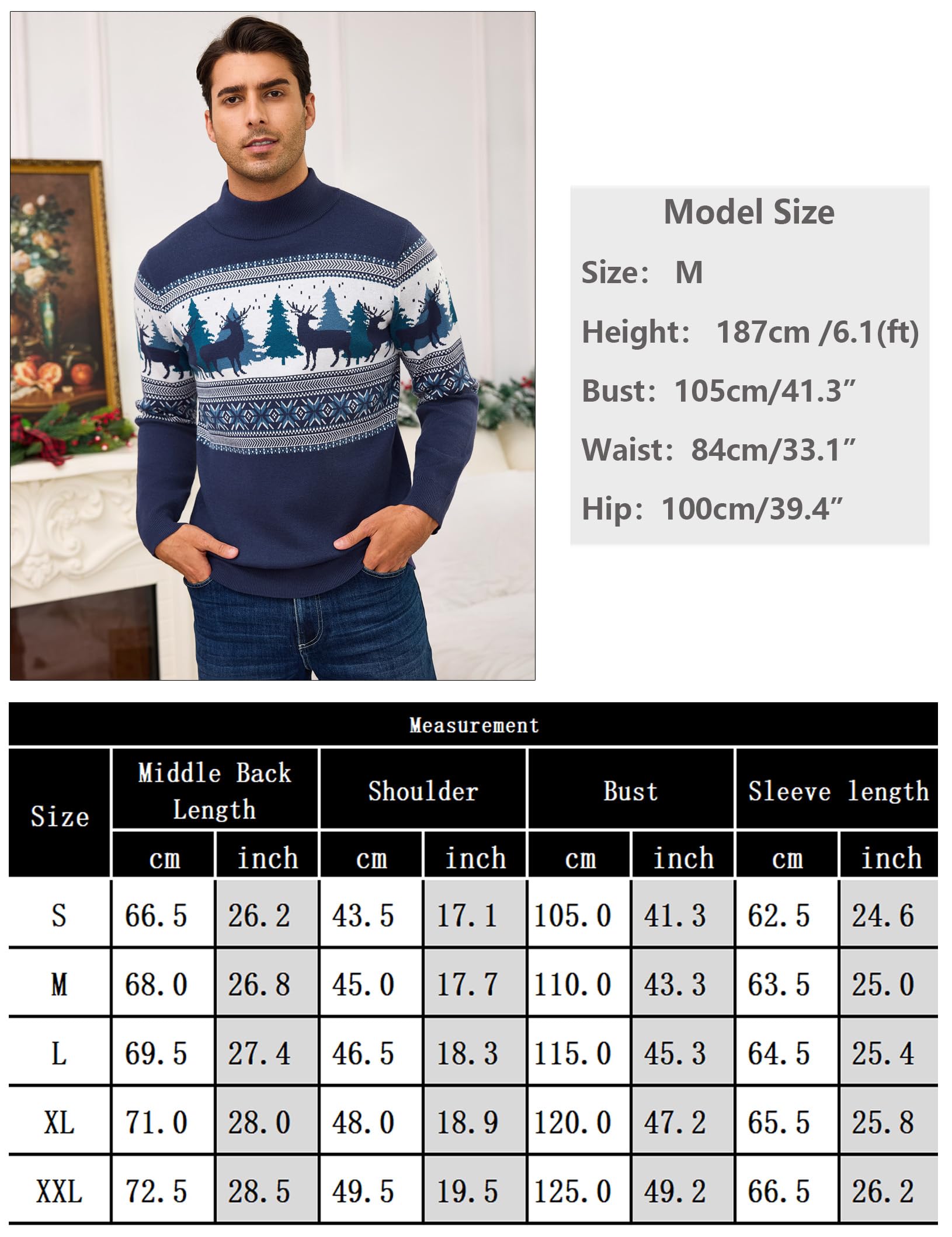 Świąteczny sweter męski z golfem z reniferem, elegancki i ciepły zimowy sweter z dzianiny, zabawny świąteczny sweter na imprezę i czas wolny S-XXL