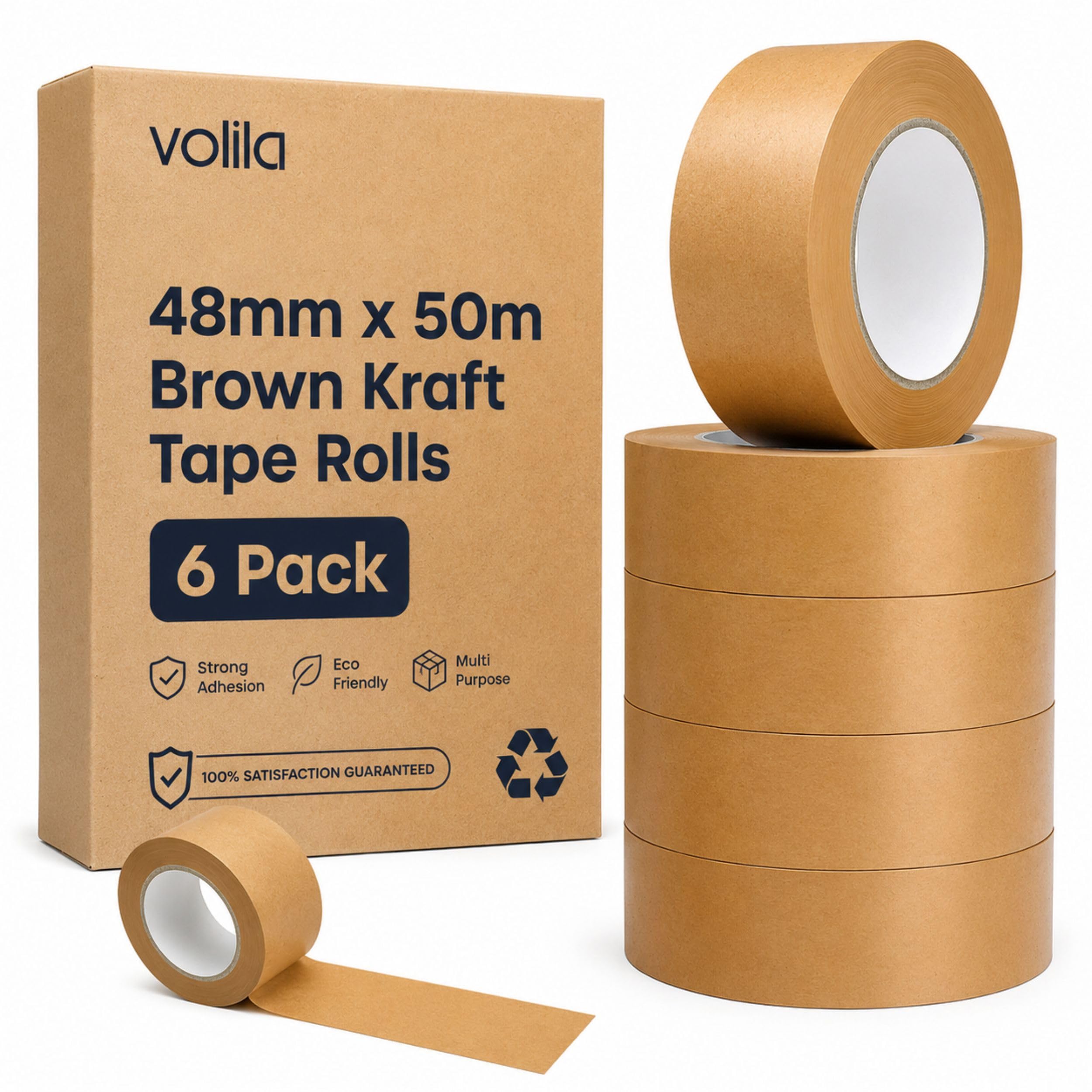Volila Ruban Adhésif Kraft 48mm x 50m 6 Rouleaux Papier Brun Résistant pour Colis et Cadrage