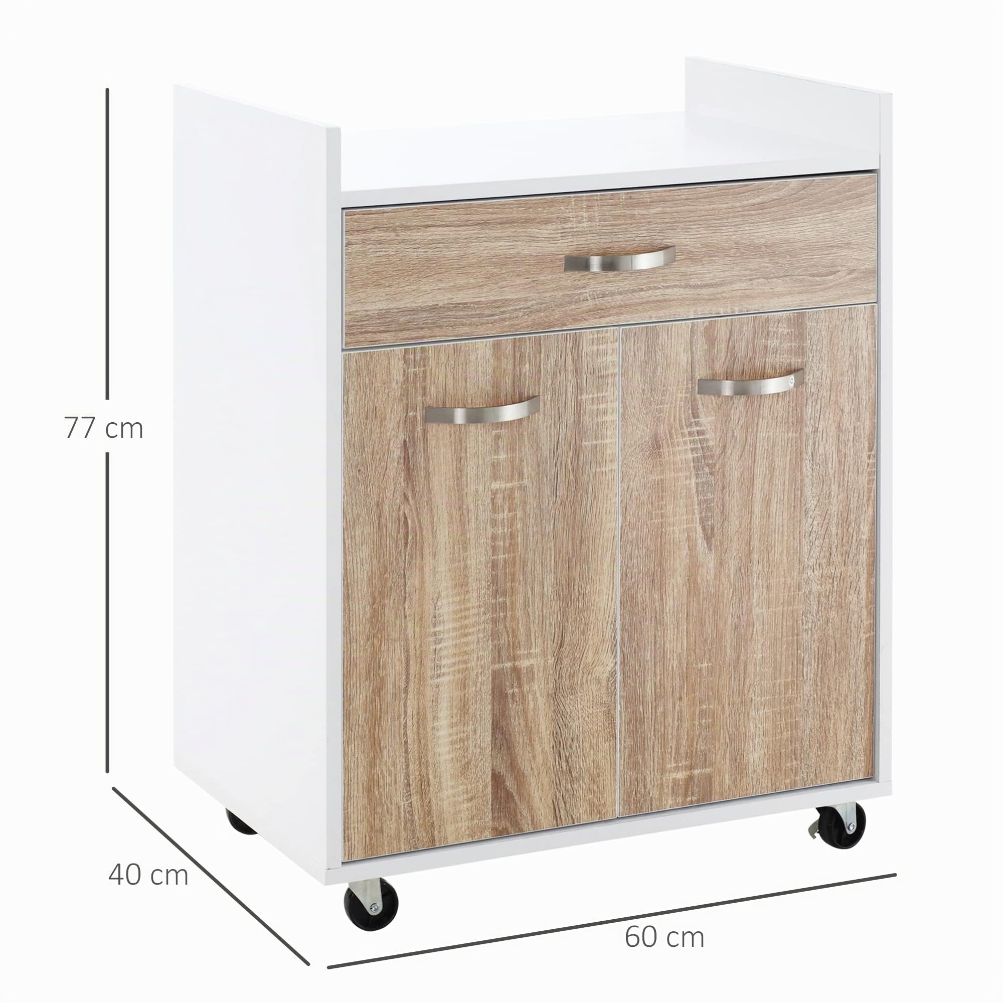 HOMCOM Carro de servicio con ruedas Cajón Armario Madera Blanco Roble Claro | Postre de cocina, 2 puertas