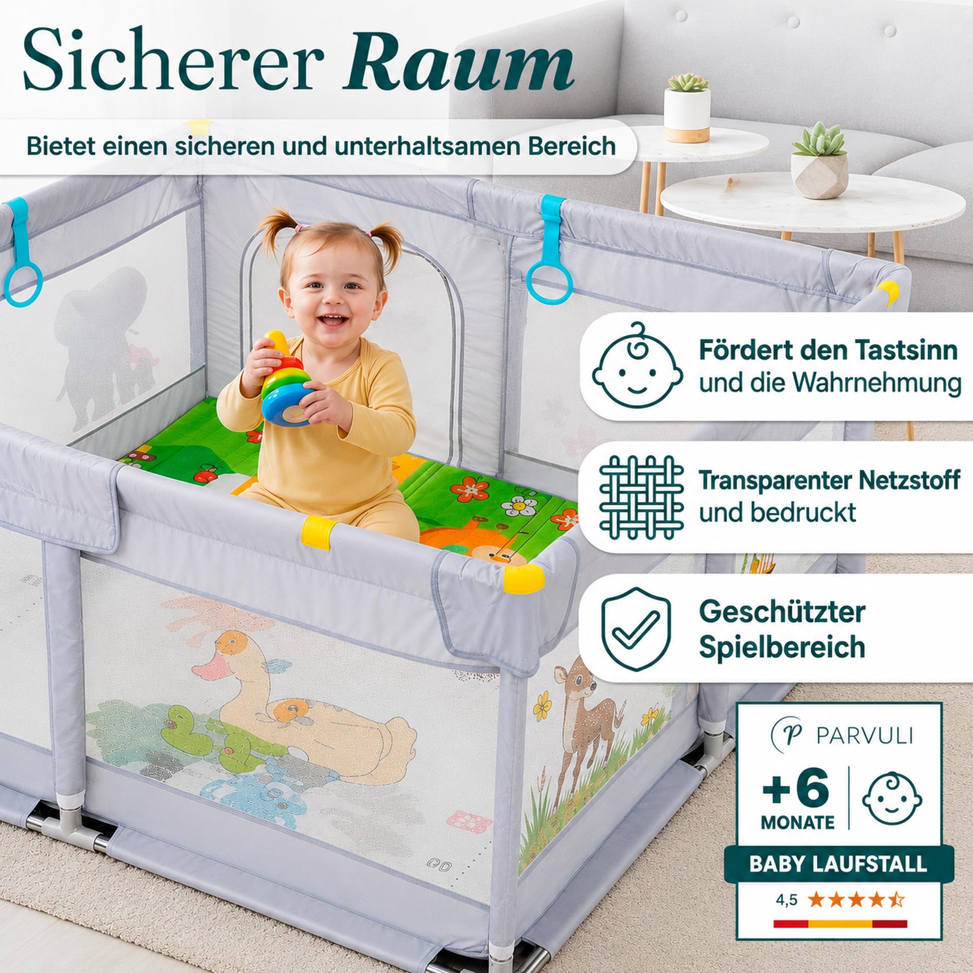 PARVULI Laufstall Baby 120x120 cm cm mit gepolsterter Spielmatte faltbar Laufgitter für Zuhause aus stabilem Eisen atmungsaktives Mesh - Tiere