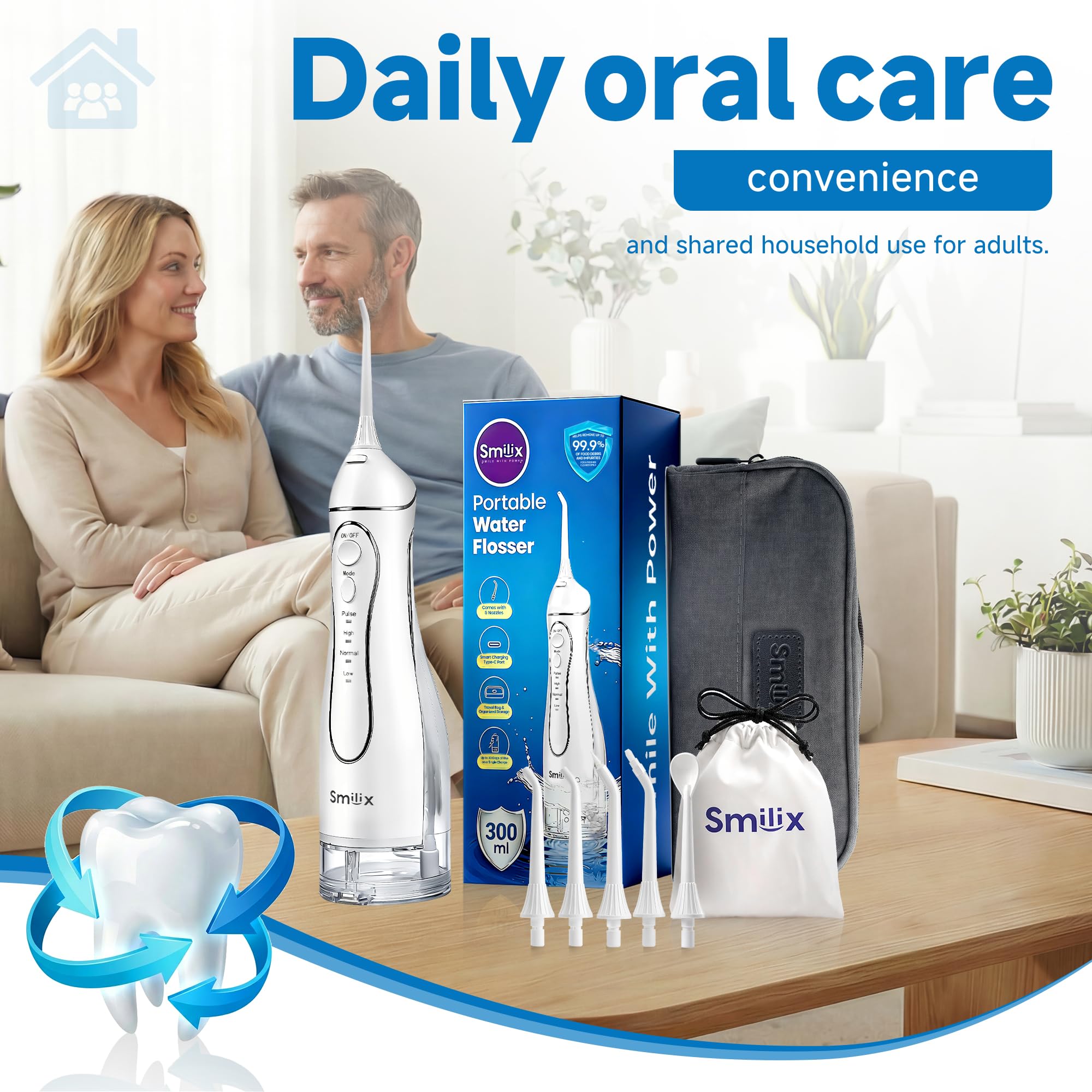 Idropulsore senza fili per la pulizia dei denti e le parentesi graffe, filo interdentale portatile 300 ml, ricarica rapida USB-C, impermeabile IPX7, 4 modalità di pulizia, 5 punte, custodia da viaggio