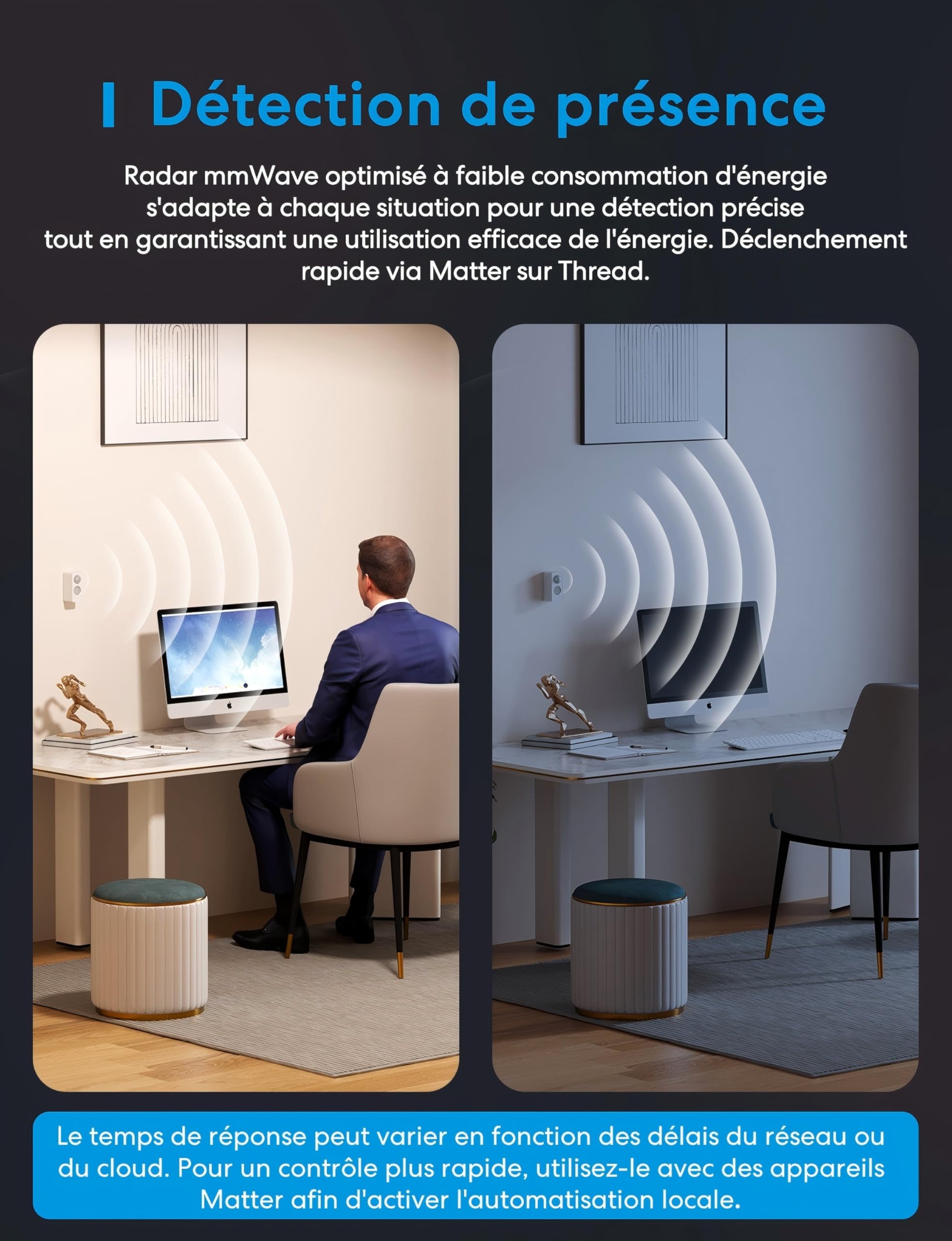 Meross Detecteur de Presence Matter Over Thread, Détecteur de Mouvement IP67 avec Détection à 3 Zones, Capteur de Mouvement Batterie Compatible avec Apple HomeKit, Alexa, Google Home
