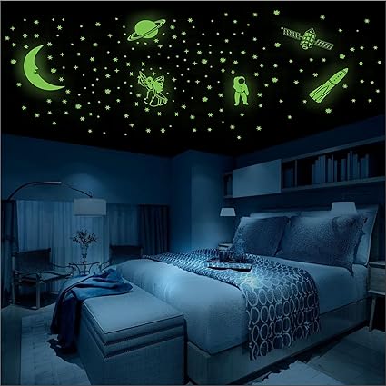 WallDaddy Vinyl Fluorescent Night Glow in The Dark Star Space Wall Sticker (Pack of 134 Stars Big and Small, Green, 12)