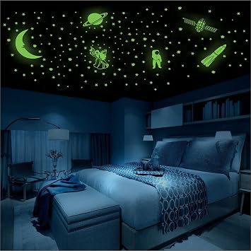 WallDaddy Vinyl Fluorescent Night Glow In The Dark Star Space Wall Self-Adhesive Sticker (Pack Of 134 Stars Big And Small, Green, 12)