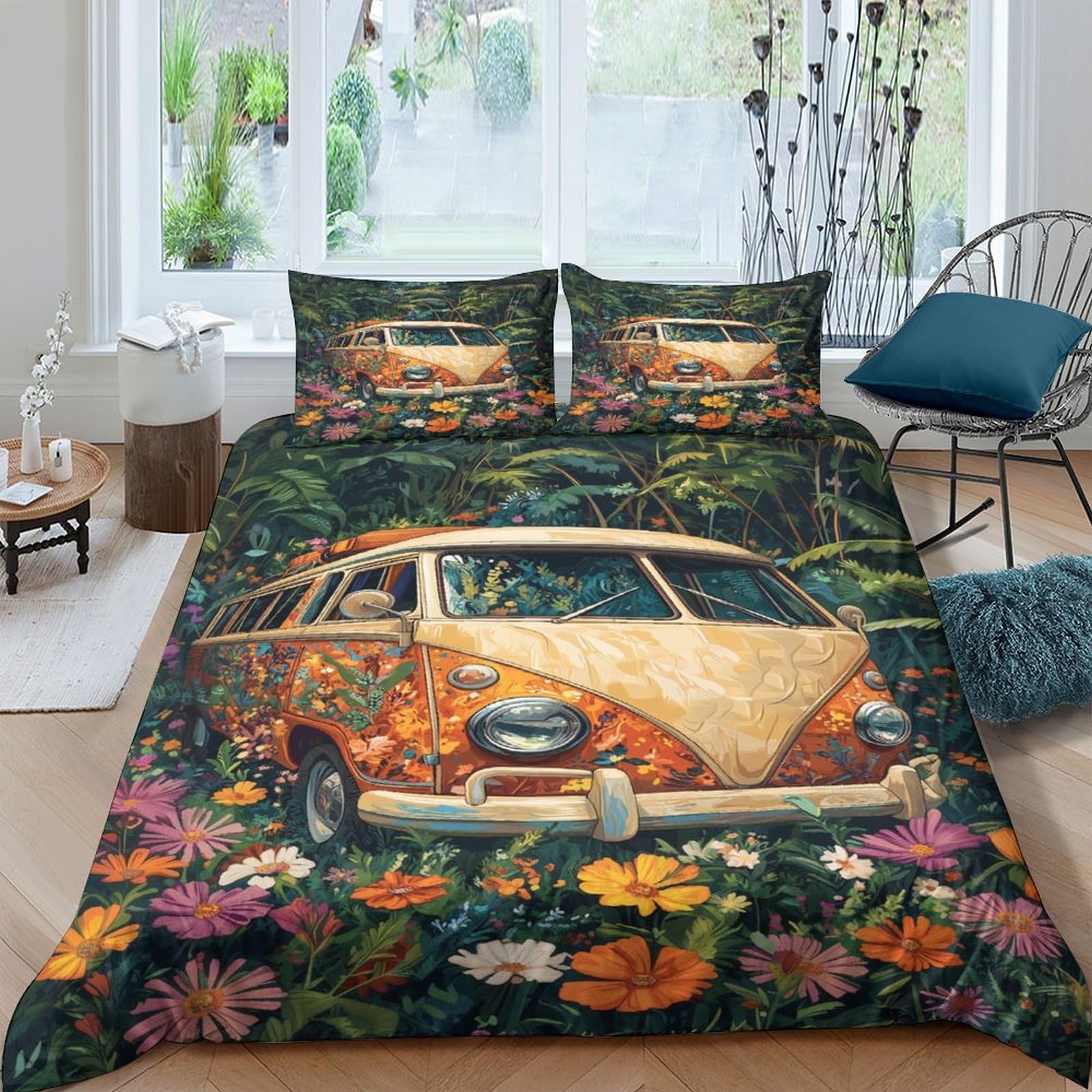 Ctjqhvkz Style-3 3D Printed Vintage Camper Fitted Sheet Microfiber Floral Forest Bed Cover For Bedroom Dorm Mattress Decor Single（135X200cm）