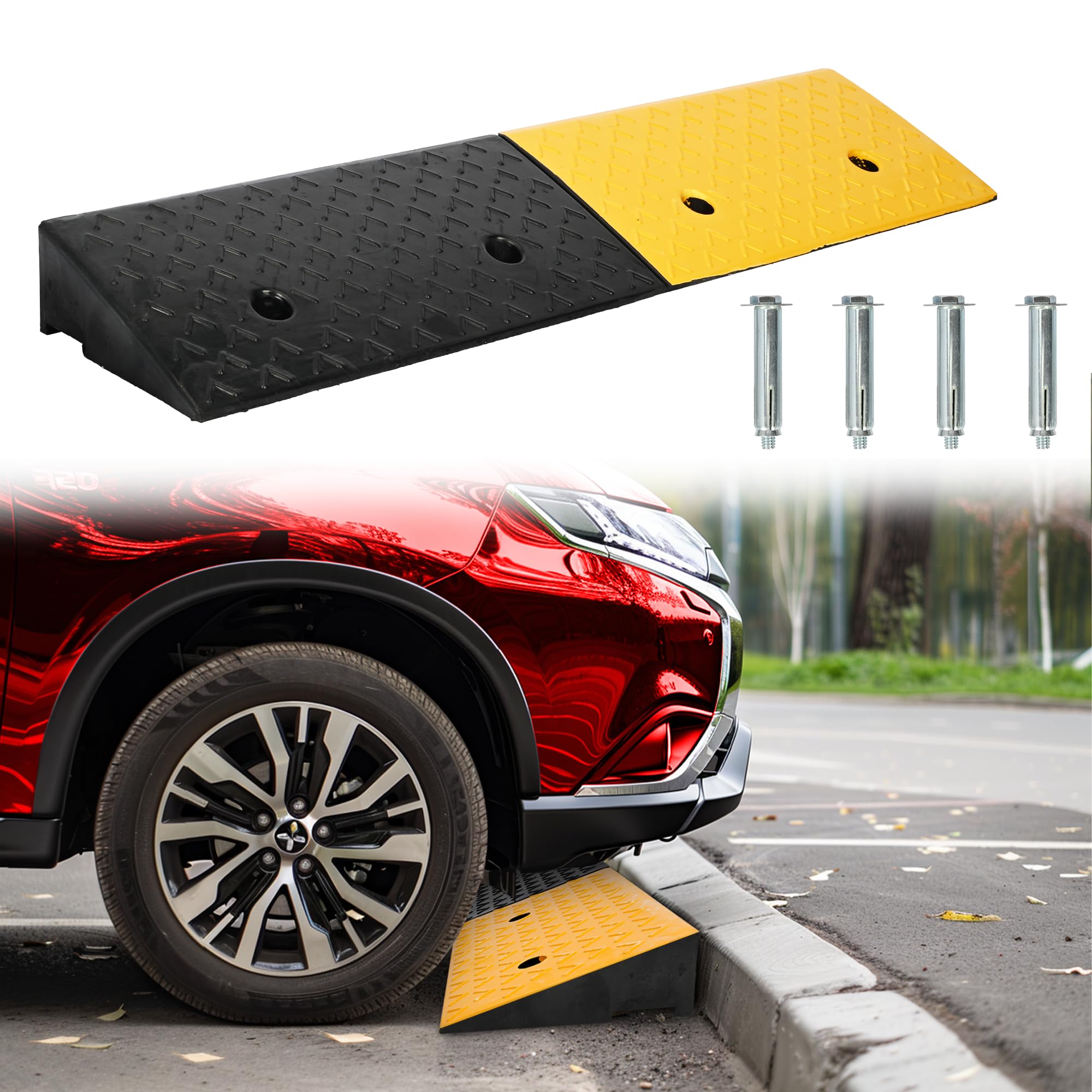 Nisorpa Black + Yellow Rubber Kerb Ramp 10Cm Height, Threshold Ramp For Mobility Scooters, Heavy Duty Curb Ramps For Cars, Wheelchair, Doorways, Steps, Sidewalk, 100X25x10cm