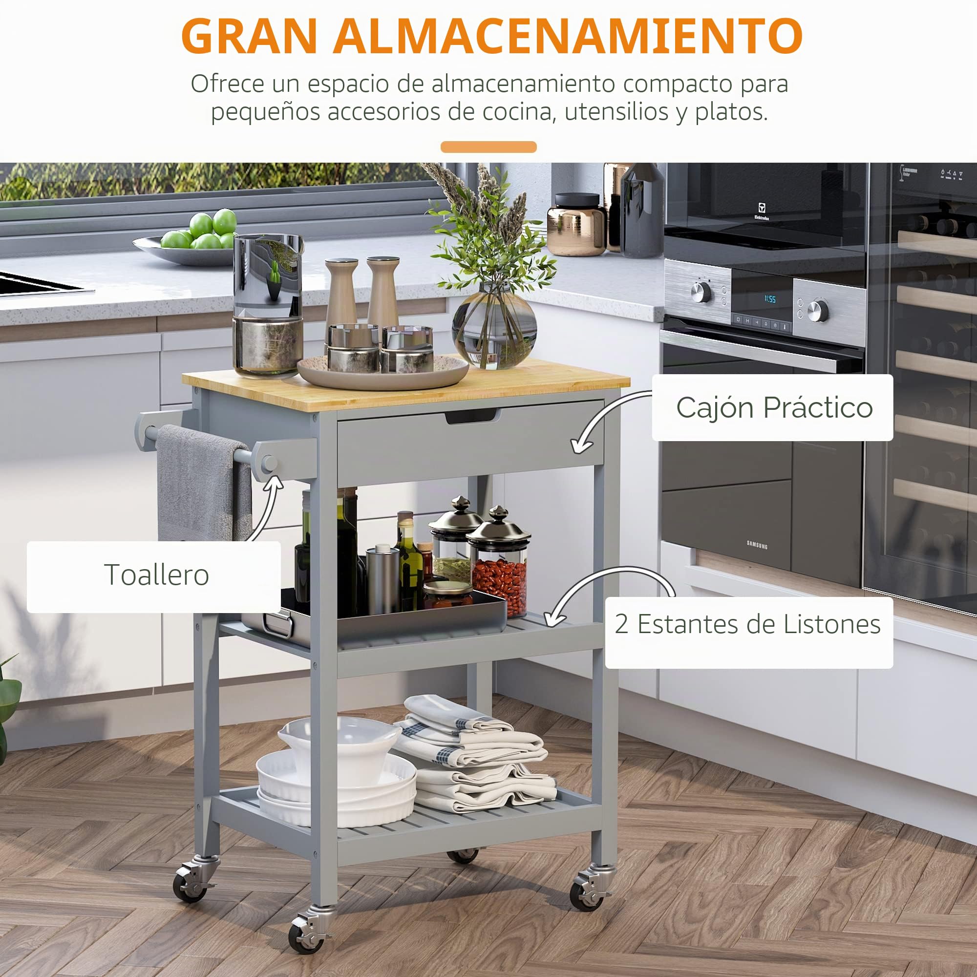 HOMCOM - Carro de Cocina con Ruedas, Superficie de Trabajo | de madera de Hevea, 2 estantes, 1 cajón, 1 portapaños