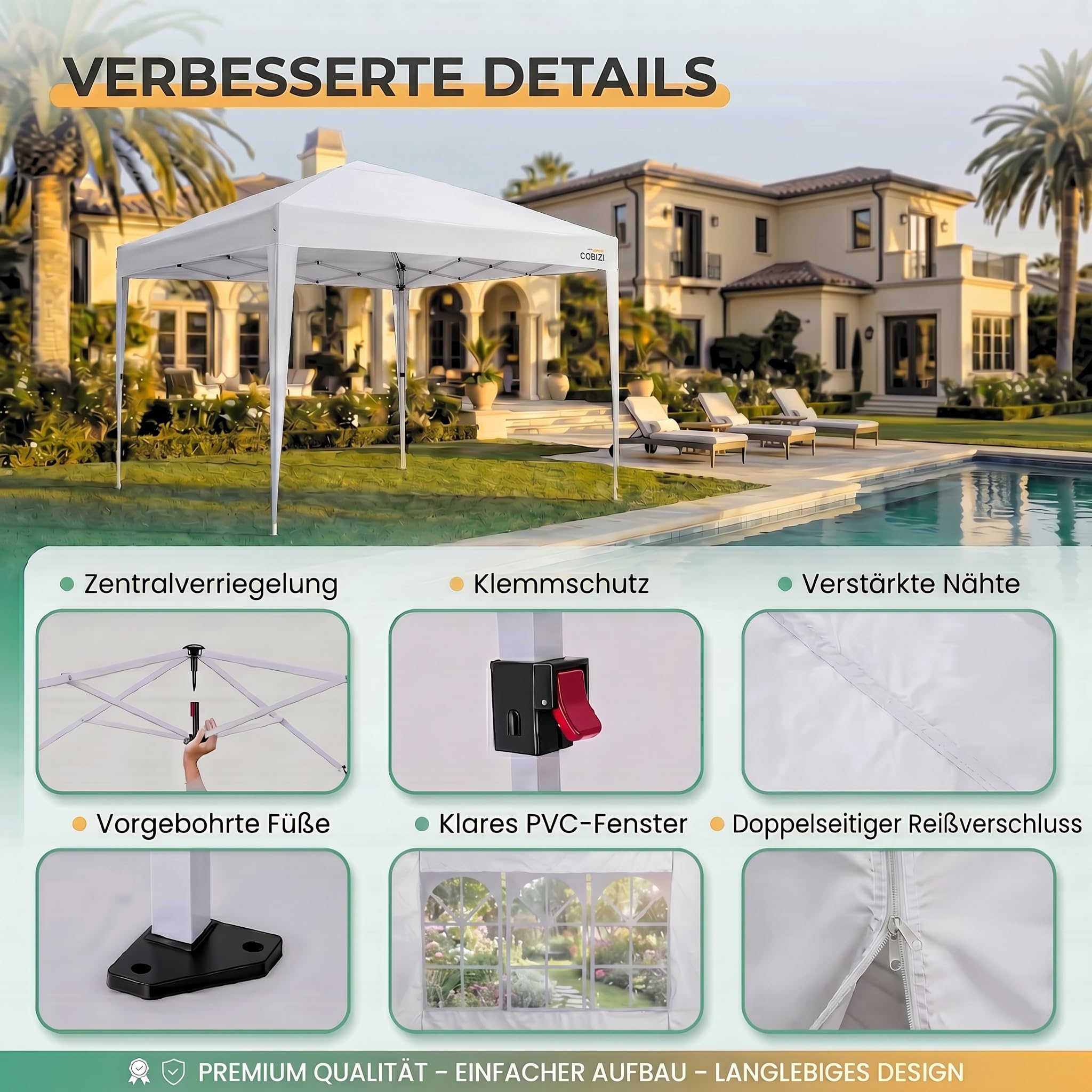 COBIZI Pavillon 3x3 Faltpavillon Wasserdicht Stabil Winterfest Faltbar Partyzelt mit 4 Seitenteilen Pop up Gartenpavillon UV Schutz 50+ Höhenverstellbar für Strand Hochzeit Camping, Weiß