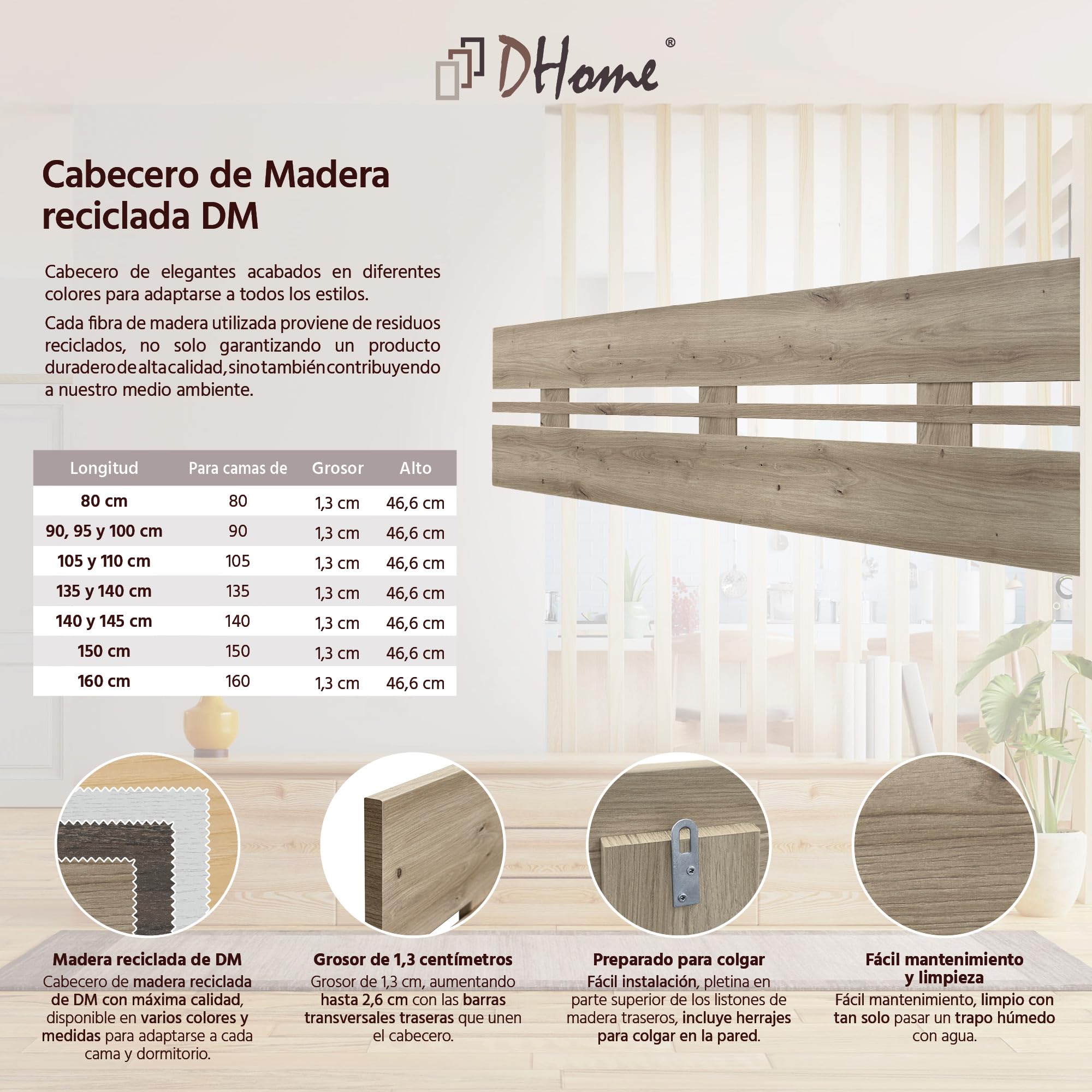 DHOME Testiera in Legno Riciclato MDF Orizzontale Larga per Letto con Pallet Ferramenta Inclusa (160x46 Orizzontale Larga, Rovere)