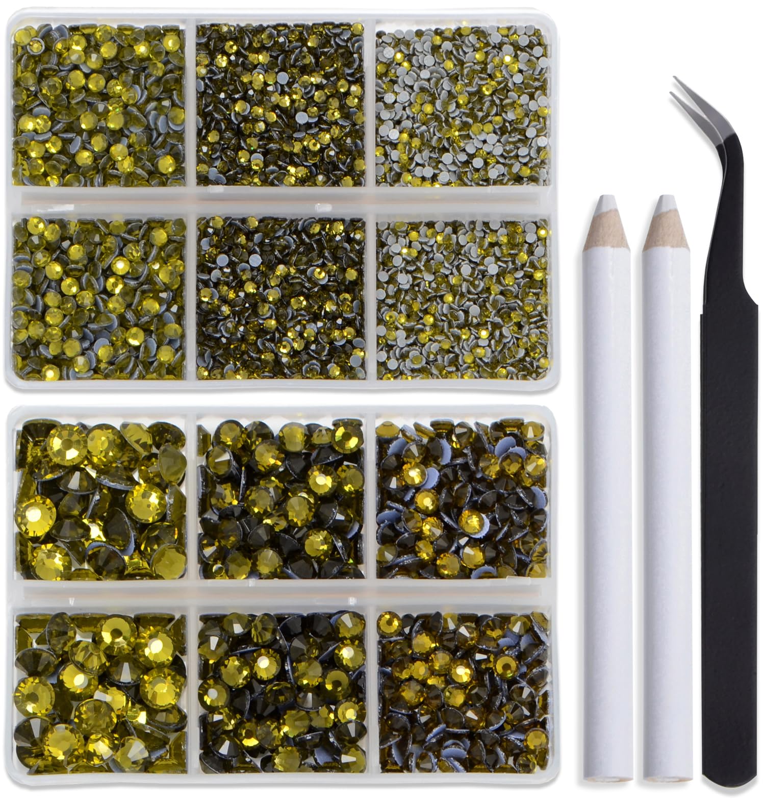 Bymitel Hotfix Crystal Rhinestones Round Gems for Crafts,Mixed 6 Sizes with Wax Pencil Kit, Olivine 1.6-6.3mm SS4-SS30/8000pcs