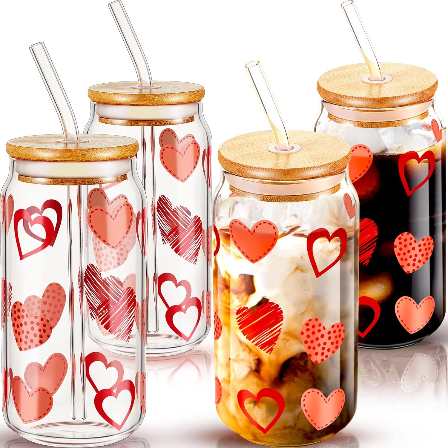 Suclain 4 Pcs Valentine's Day Glass Cups with Bamboo Lids