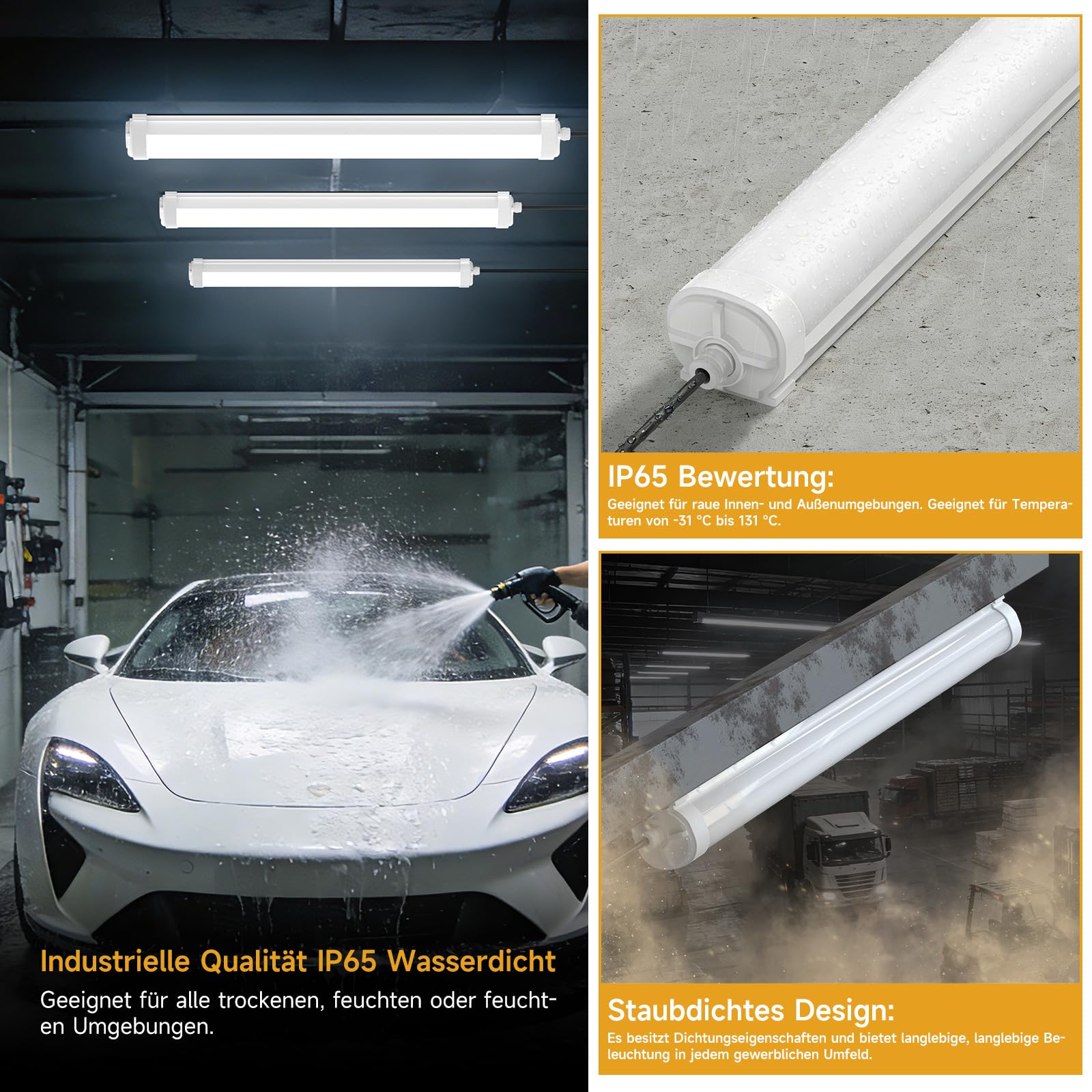 2er Pack LED Feuchtraumleuchte 120cm 36W 4500lm 4000K Neutralweiß IP65 wasserdicht verknüpfbar (bis zu 20 Leuchten) Wannenleuchte für Werkstatt, Keller, Garage