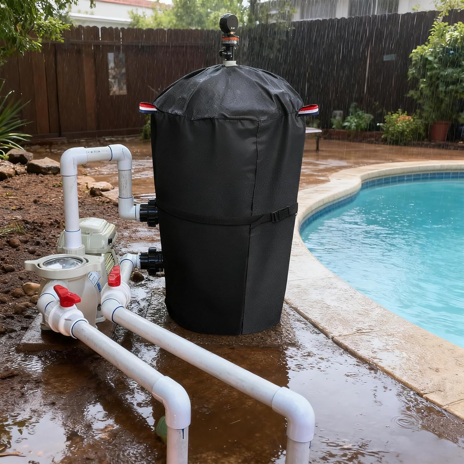 Bitubi Pool Filter Cover with Double-Layer Plush Lining (Universal Style), for Cartridge Filters Inground and Above Ground Swimming Pool Filters, Protects from Severe Snow and Intense Sun, Black