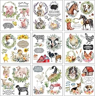 Heflashor 9 Sheets Farmhouse Rub on Transfers,5.5 x 5.7 Inch Farmhouse Rub on Transfer Stickers for Crafts and Furniture, Classic Vintage Sheep Chincken Floral Decals for Farmhouse Wood DIY Crafts